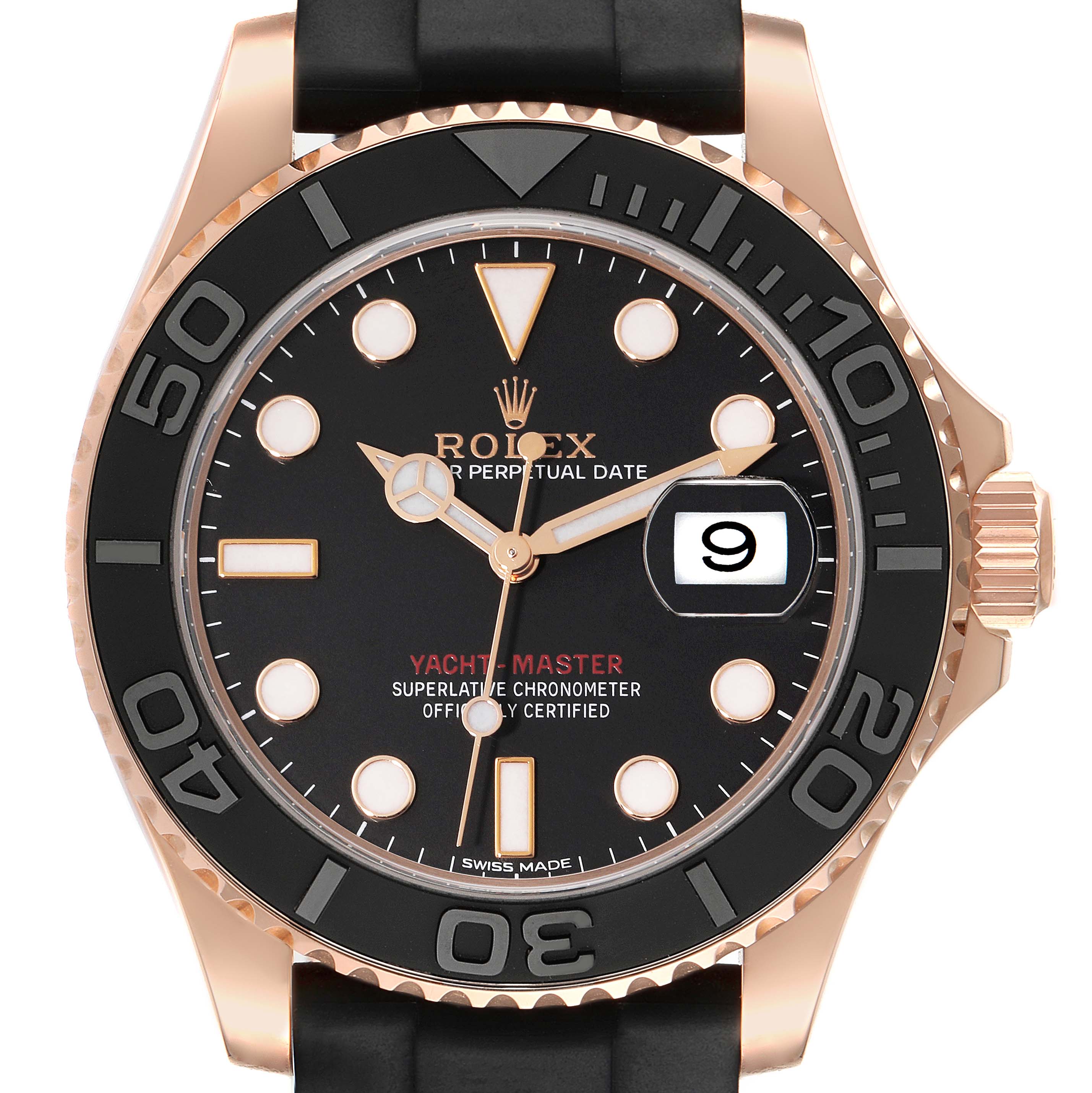 This is a front view of a Rolex Yacht-Master 116655 Men's Rose Gold Black Dial 116655 Men's Rose Gold Black Dial watch, showcasing its dial, bezel, hands, and date window.