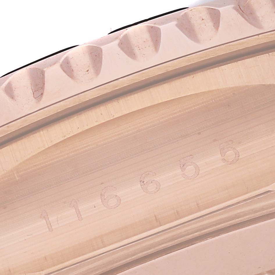 The image shows a close-up of the bezel and case side of a Rolex Yacht-Master 116655 Men's Rose Gold Black Dial 116655 Men's Rose Gold Black Dial watch, displaying its model number.