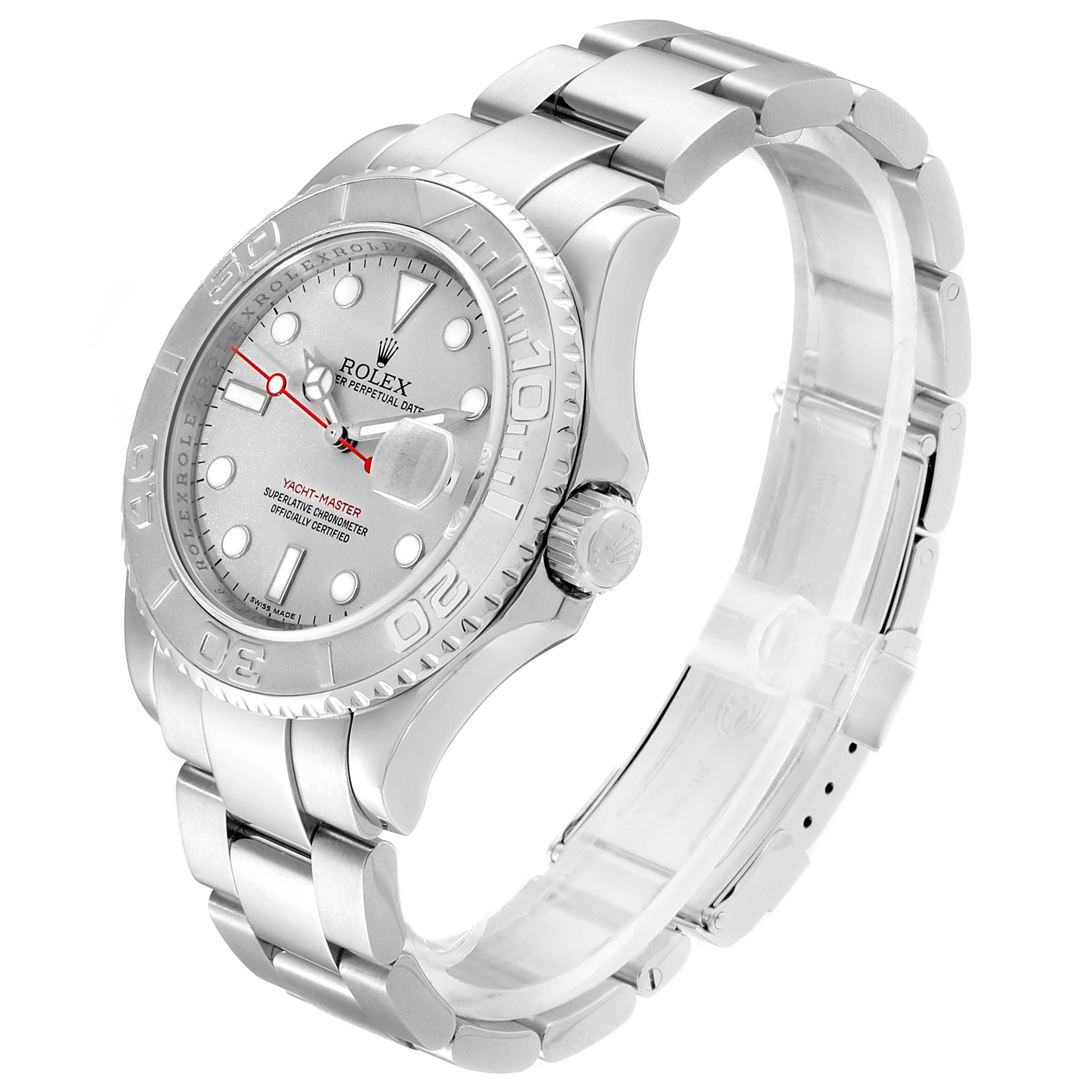 The image shows a side-angle view of the Rolex Yacht-Master 16622 Men
s Stainless Steel Silver Dial 16622 Men
s Stainless Steel Silver Dial watch, highlighting its face, bezel, crown, and bracelet.