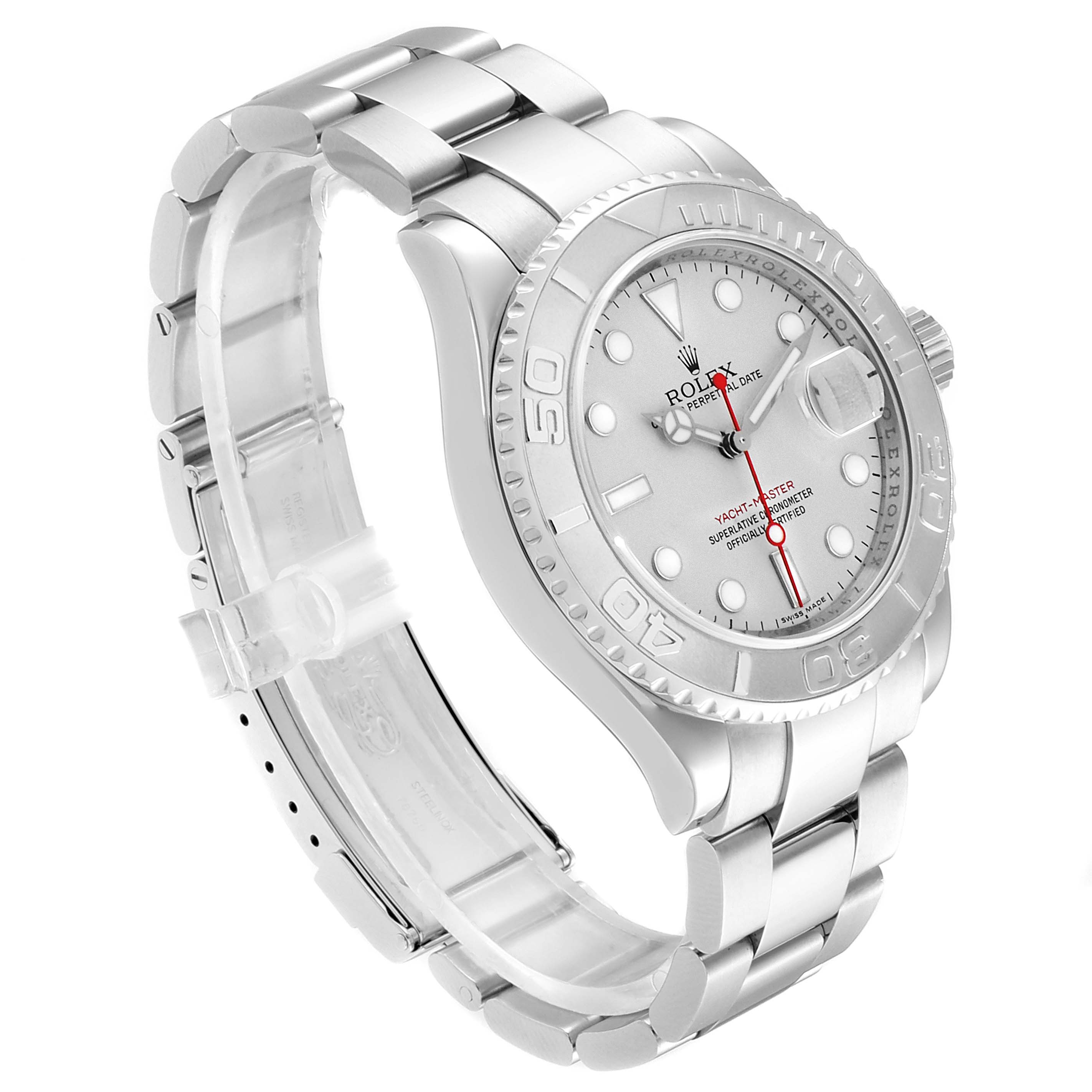 The image displays a Rolex Yacht-Master 16622 Men
s Stainless Steel Silver Dial 16622 Men
s Stainless Steel Silver Dial watch from an angled side view, showcasing the watch face, bezel, and part of the bracelet.