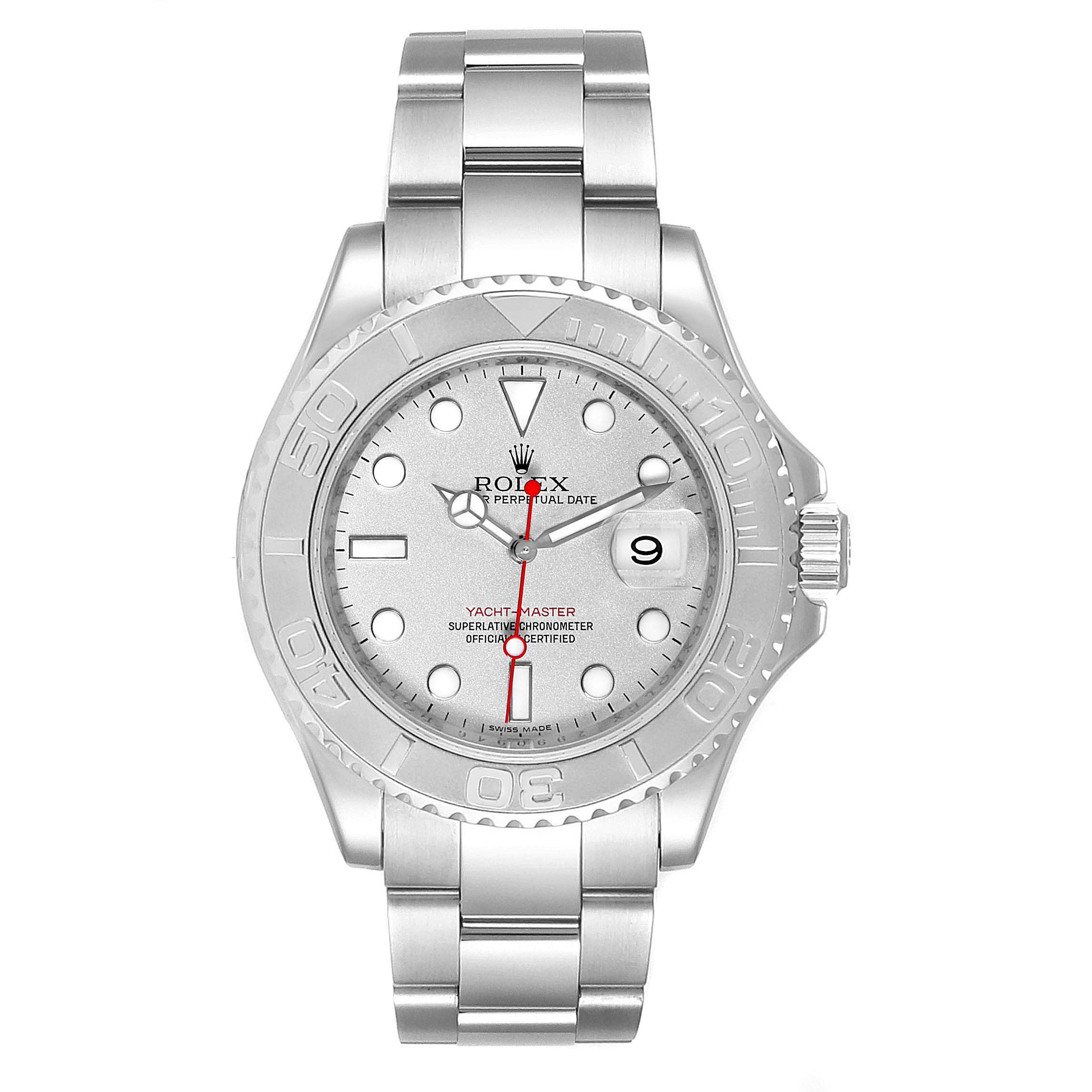 The image shows a frontal view of the Rolex Yacht-Master 16622 Men
s Stainless Steel Silver Dial 16622 Men
s Stainless Steel Silver Dial watch, displaying its face, bezel, and stainless steel bracelet.