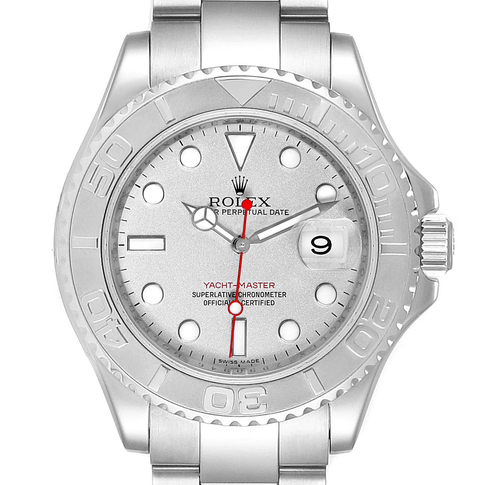The Rolex Yacht-Master 16622 Men
s Stainless Steel Silver Dial 16622 Men
s Stainless Steel Silver Dial watch is shown from a front angle, highlighting its face, bezel, and part of the bracelet.