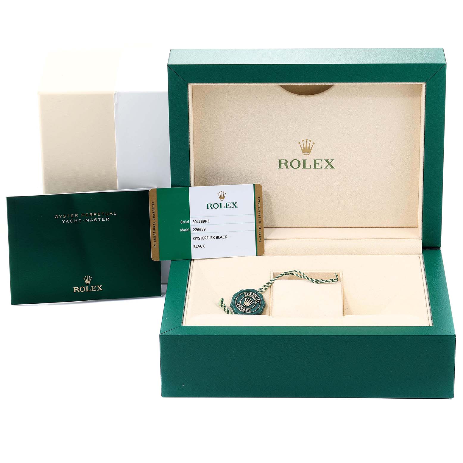 The image shows the packaging, warranty card, and booklets for the Rolex Yacht-Master 226659 Men's White Gold Black Dial 226659 Men's White Gold Black Dial model.