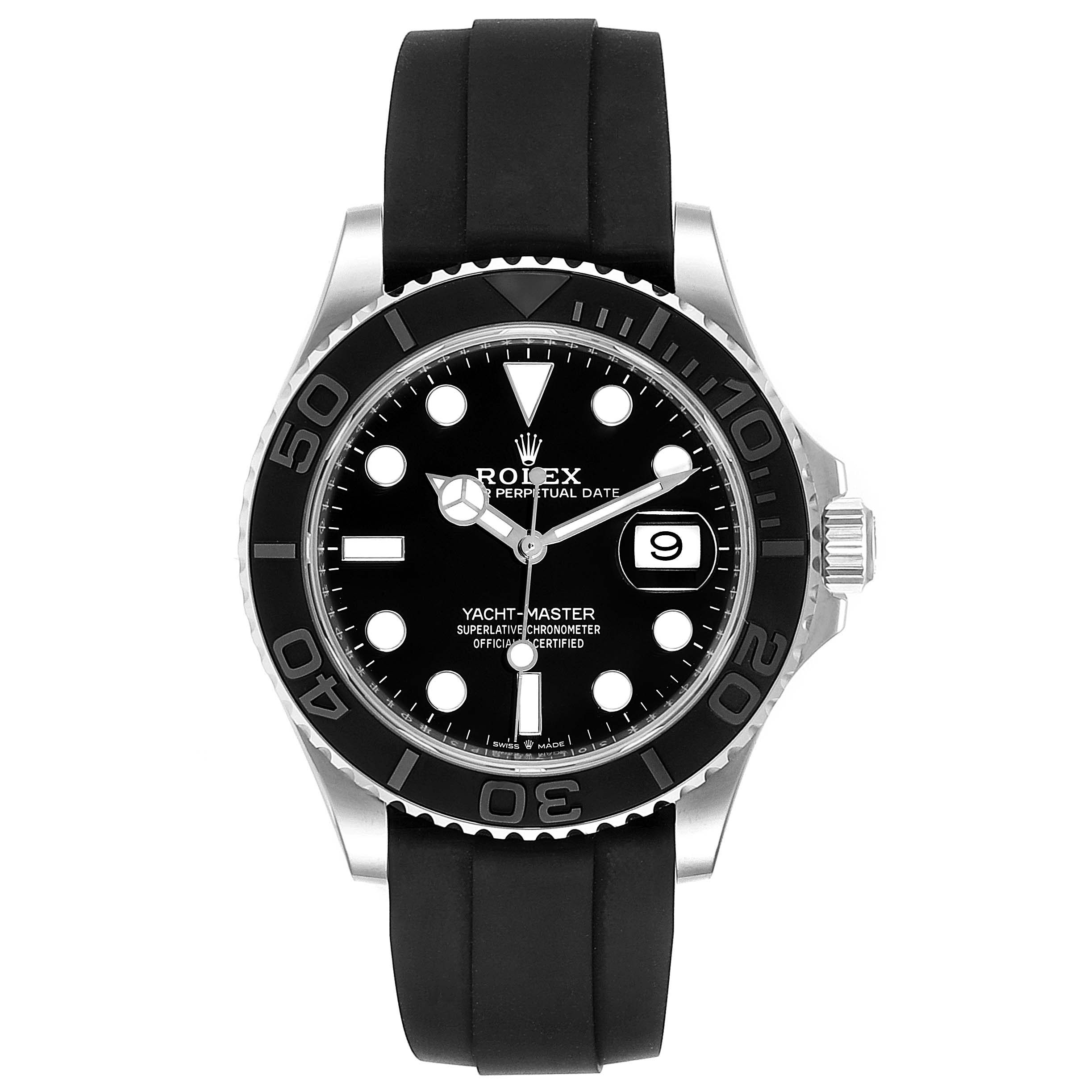 This Rolex Yacht-Master 226659 Men's White Gold Black Dial 226659 Men's White Gold Black Dial watch is shown from the front, displaying the face, bezel, crown, and black rubber strap.