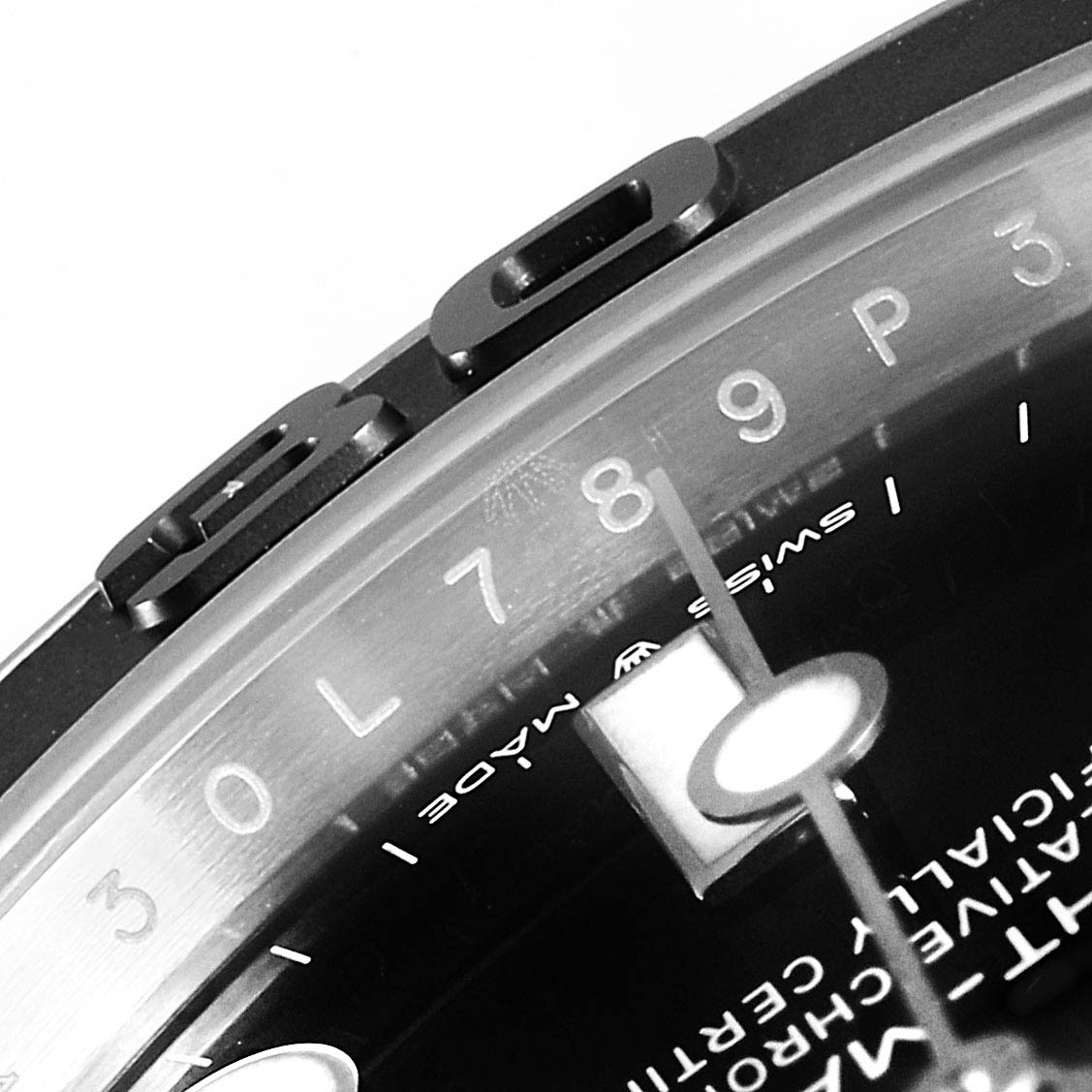 This close-up image shows part of the dial, bezel, and markers of a Rolex Yacht-Master 226659 Men's White Gold Black Dial 226659 Men's White Gold Black Dial model.