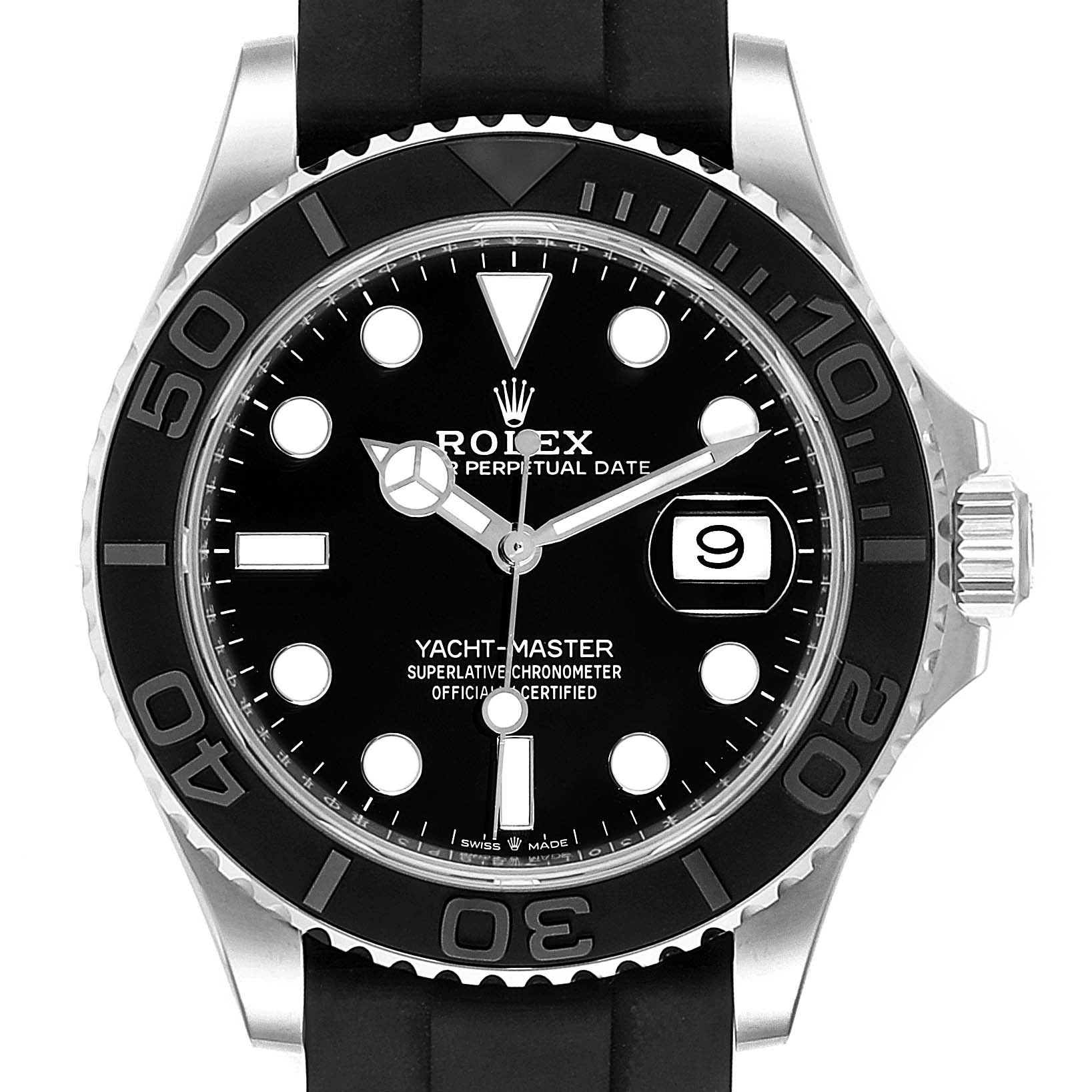 This image shows a front view of a Rolex Yacht-Master 226659 Men's White Gold Black Dial 226659 Men's White Gold Black Dial watch, highlighting the bezel, dial, hands, crown, and date display.
