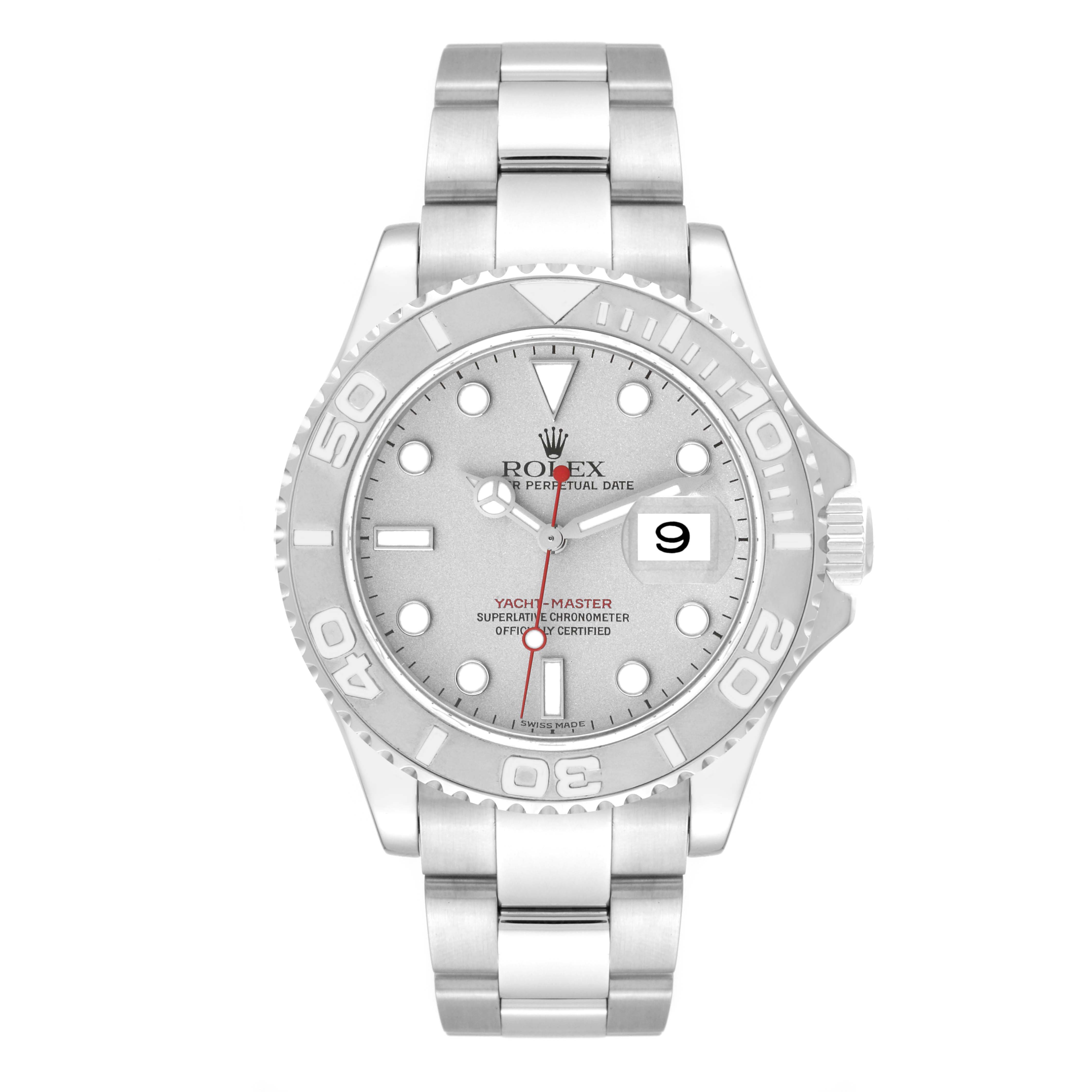 This image shows a front view of the Rolex Yacht-Master 16622 Men's Stainless Steel Silver Dial 16622 Men's Stainless Steel Silver Dial watch, highlighting its face, bezel, and bracelet.