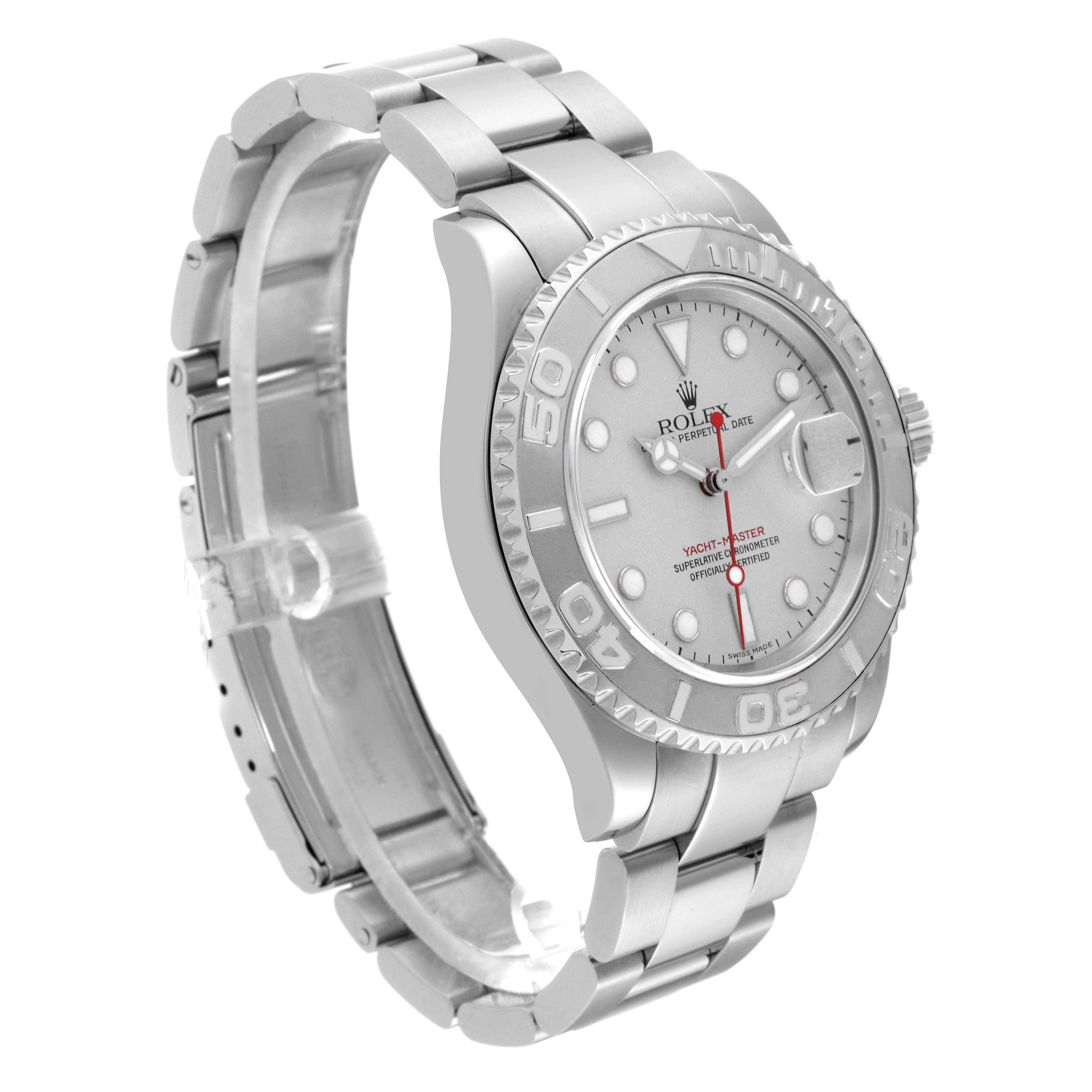The image shows a side angle of a Rolex Yacht-Master 16622 Men's Stainless Steel Silver Dial 16622 Men's Stainless Steel Silver Dial watch, featuring its bezel, dial, and bracelet.