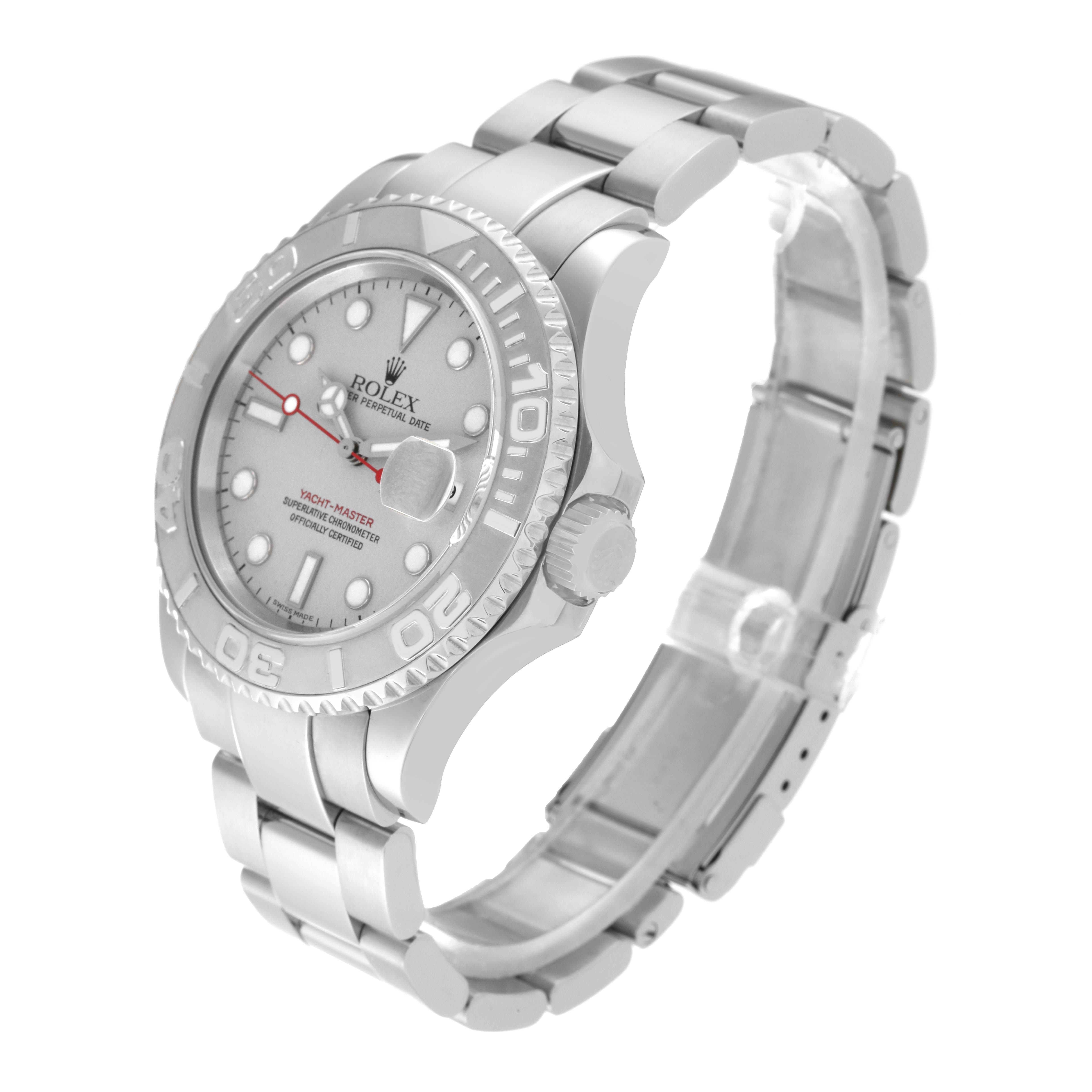 The image shows a side and front angle of the Rolex Yacht-Master 16622 Men's Stainless Steel Silver Dial 16622 Men's Stainless Steel Silver Dial watch with its bezel, dial, crown, and bracelet clearly visible.