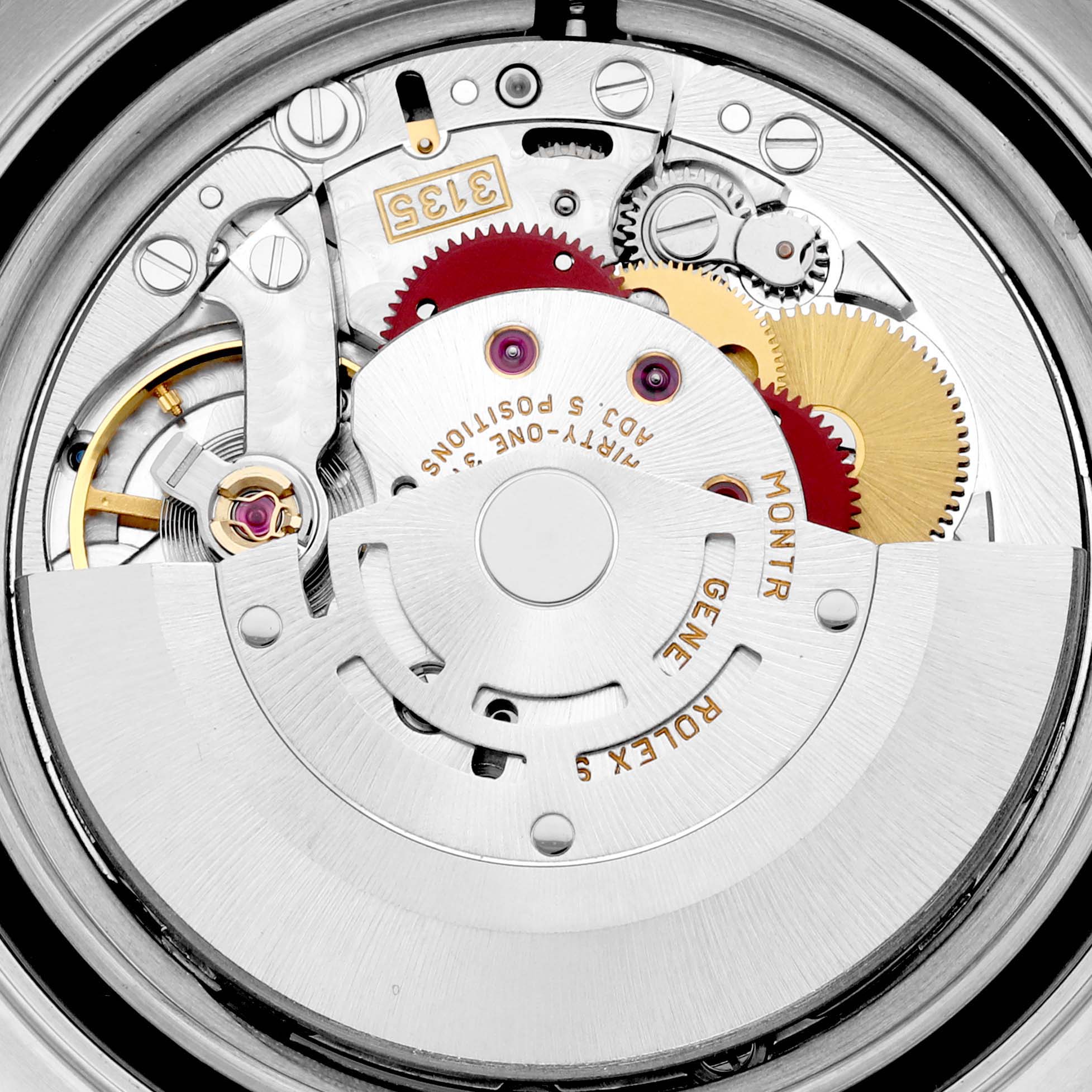 This image shows the internal mechanism of the Rolex Yacht-Master 16622 Men's Stainless Steel Silver Dial 16622 Men's Stainless Steel Silver Dial watch, focusing on the intricate components and gears.