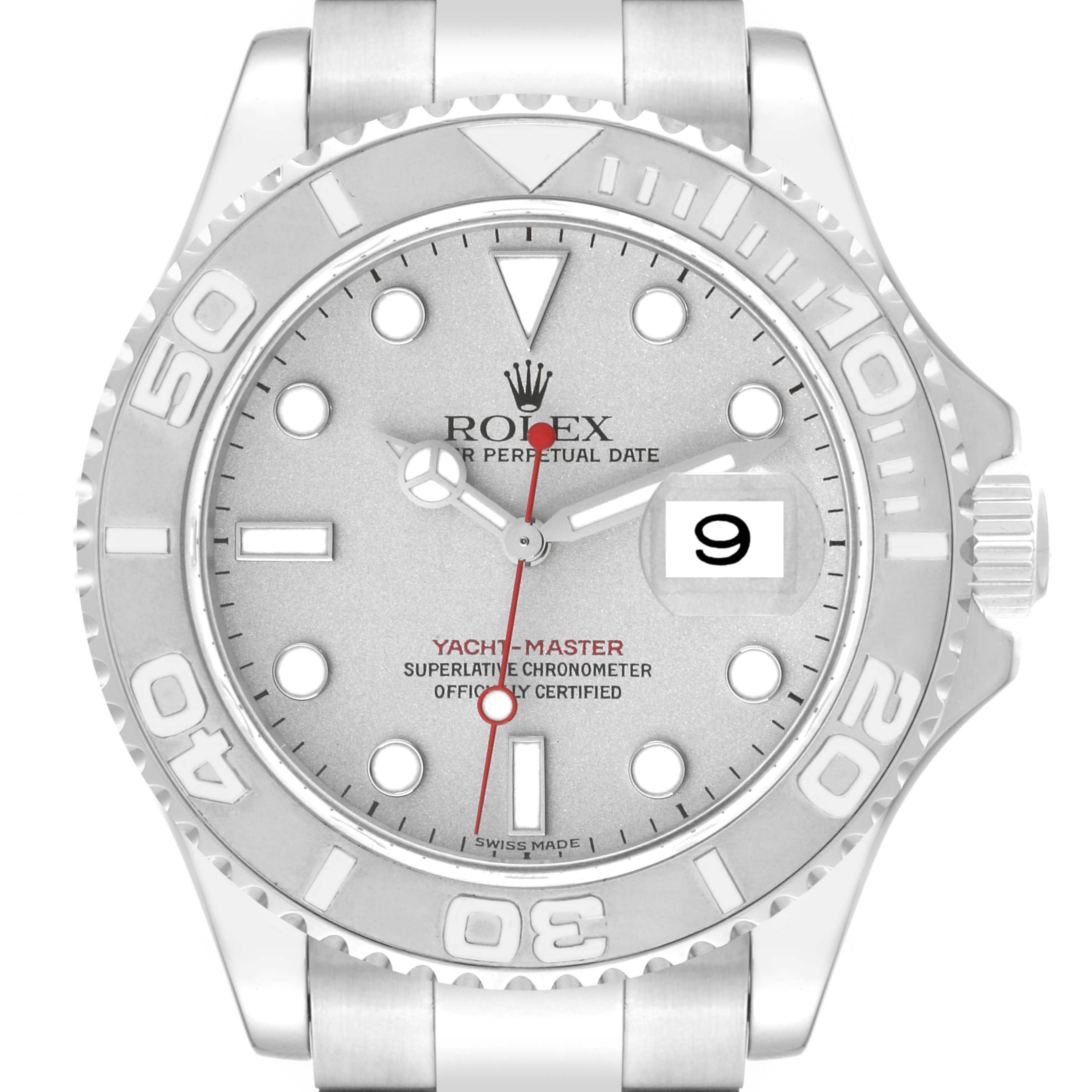 The image shows a front view of the Rolex Yacht-Master 16622 Men's Stainless Steel Silver Dial 16622 Men's Stainless Steel Silver Dial watch face, including the bezel, dial, hour markers, and date window.