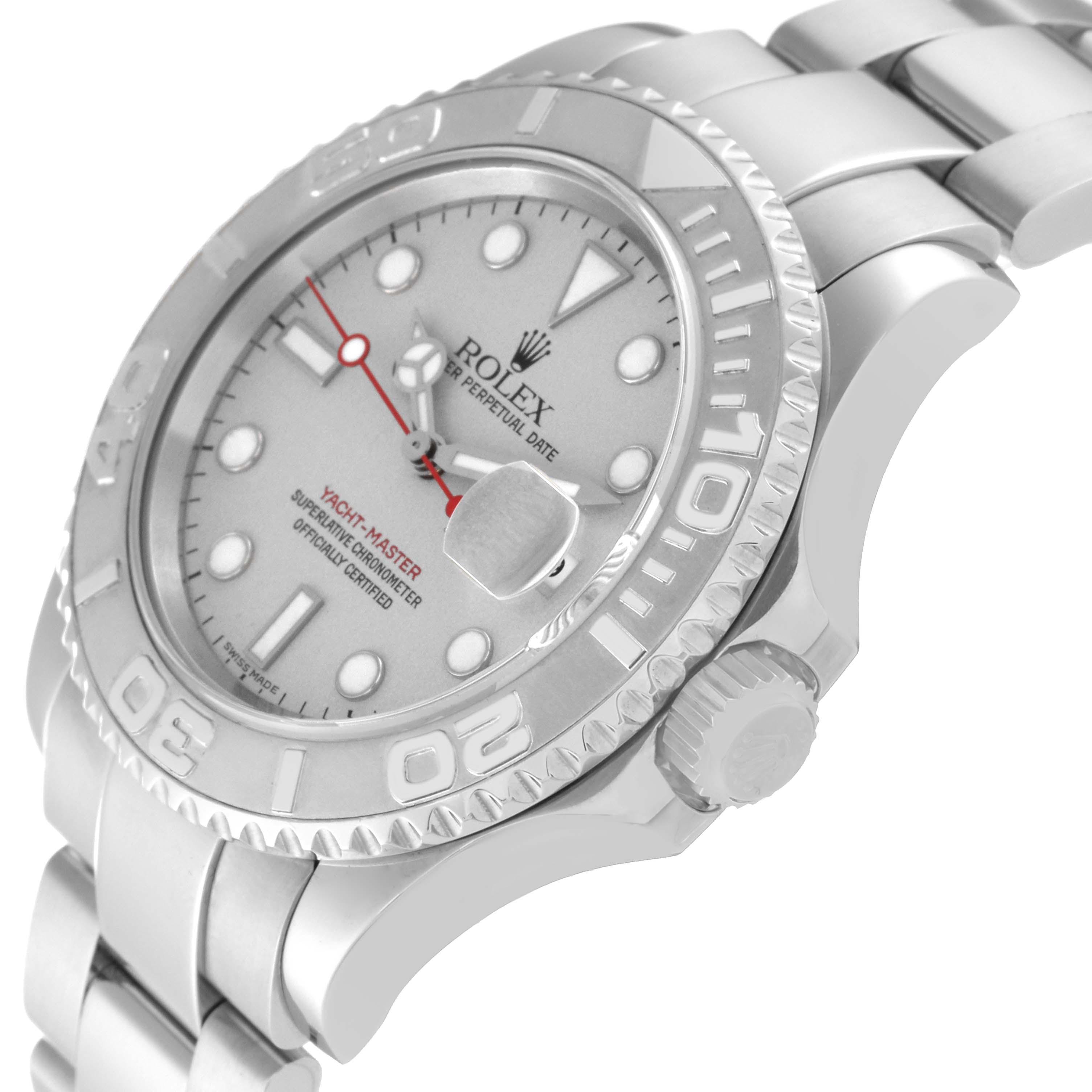 This image shows a side angle of a Rolex Yacht-Master 16622 Men's Stainless Steel Silver Dial 16622 Men's Stainless Steel Silver Dial watch, highlighting the bezel, dial, crown, and bracelet.