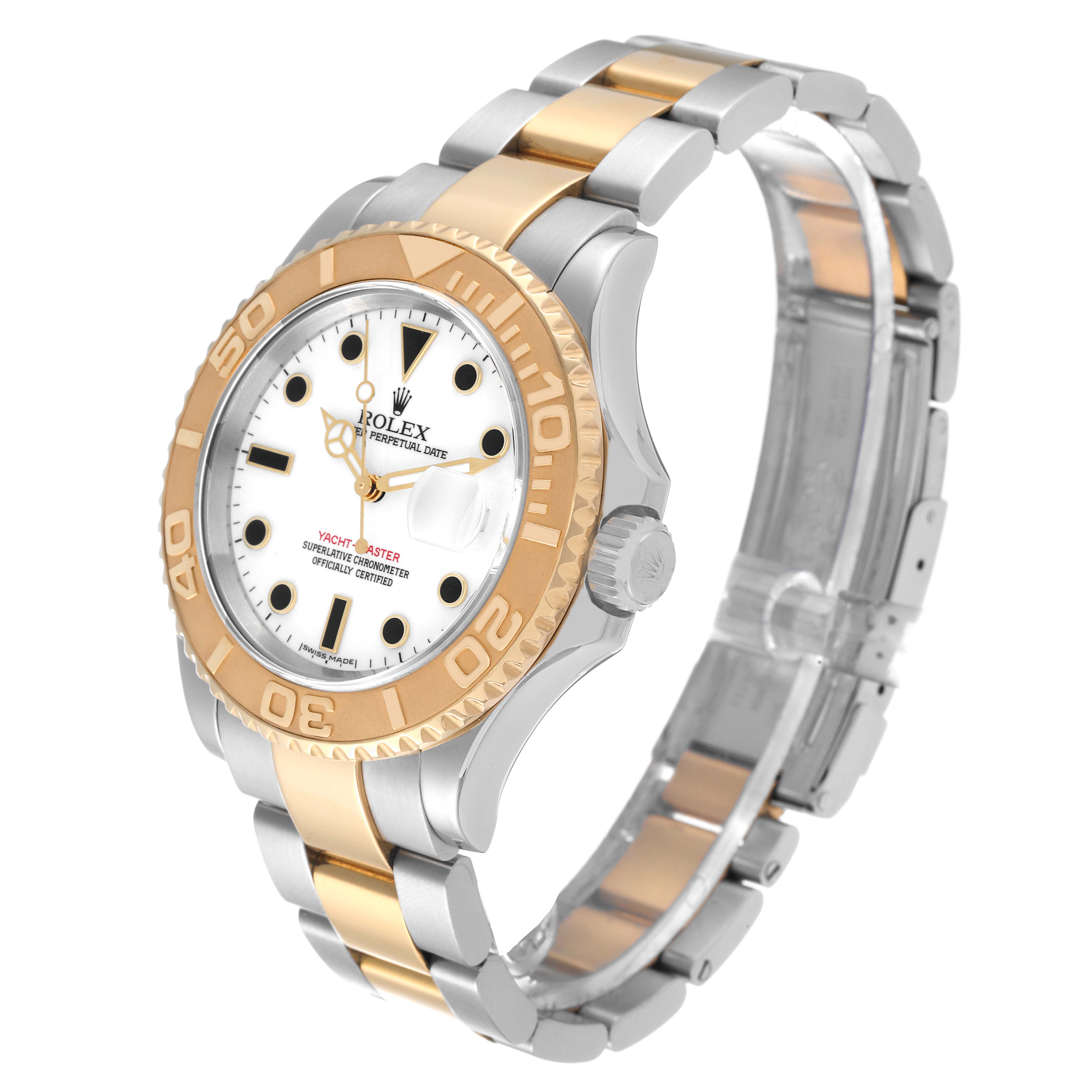 This image shows a side view of a Rolex Yacht-Master 16623 Men
s Steel and Gold (two tone) White Dial 16623 Men
s Steel and Gold (two tone) White Dial watch, highlighting its two-tone bracelet and bezel.