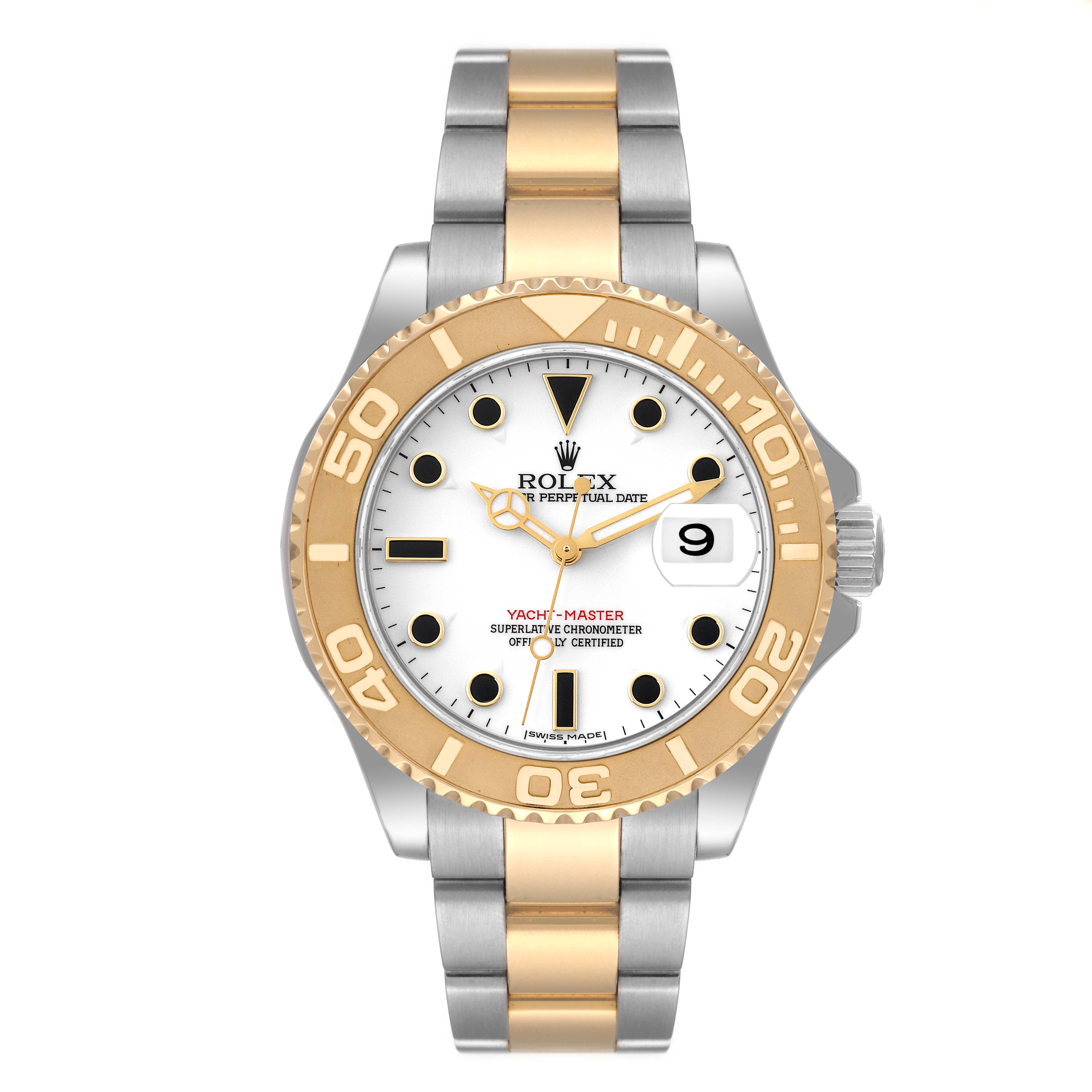 The Rolex Yacht-Master 16623 Men
s Steel and Gold (two tone) White Dial 16623 Men
s Steel and Gold (two tone) White Dial watch is shown from a front angle, displaying its face, bezel, and two-tone bracelet.
