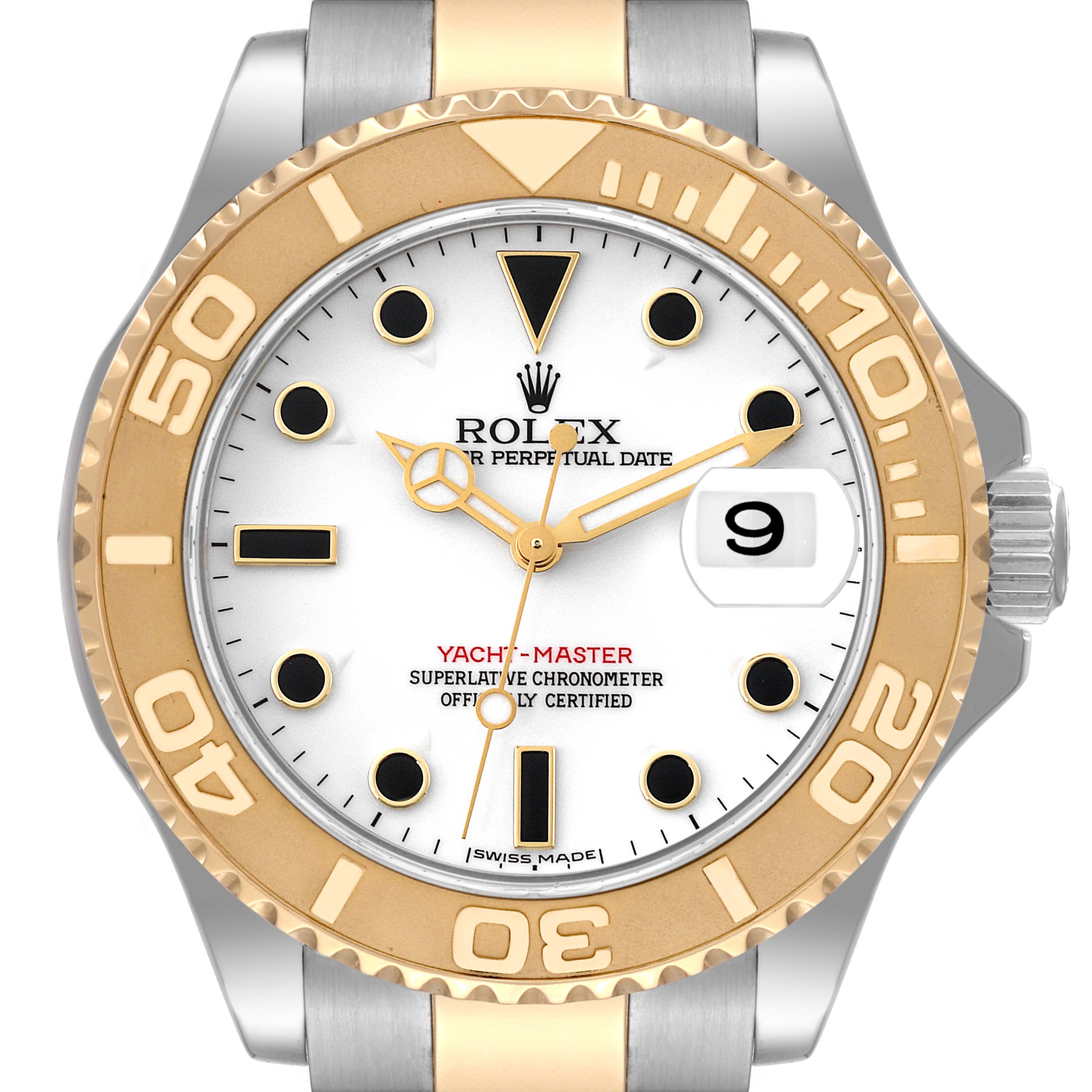 The image shows a Rolex Yacht-Master 16623 Men
s Steel and Gold (two tone) White Dial 16623 Men
s Steel and Gold (two tone) White Dial watch face, bezel, and part of the bracelet from a front angle.