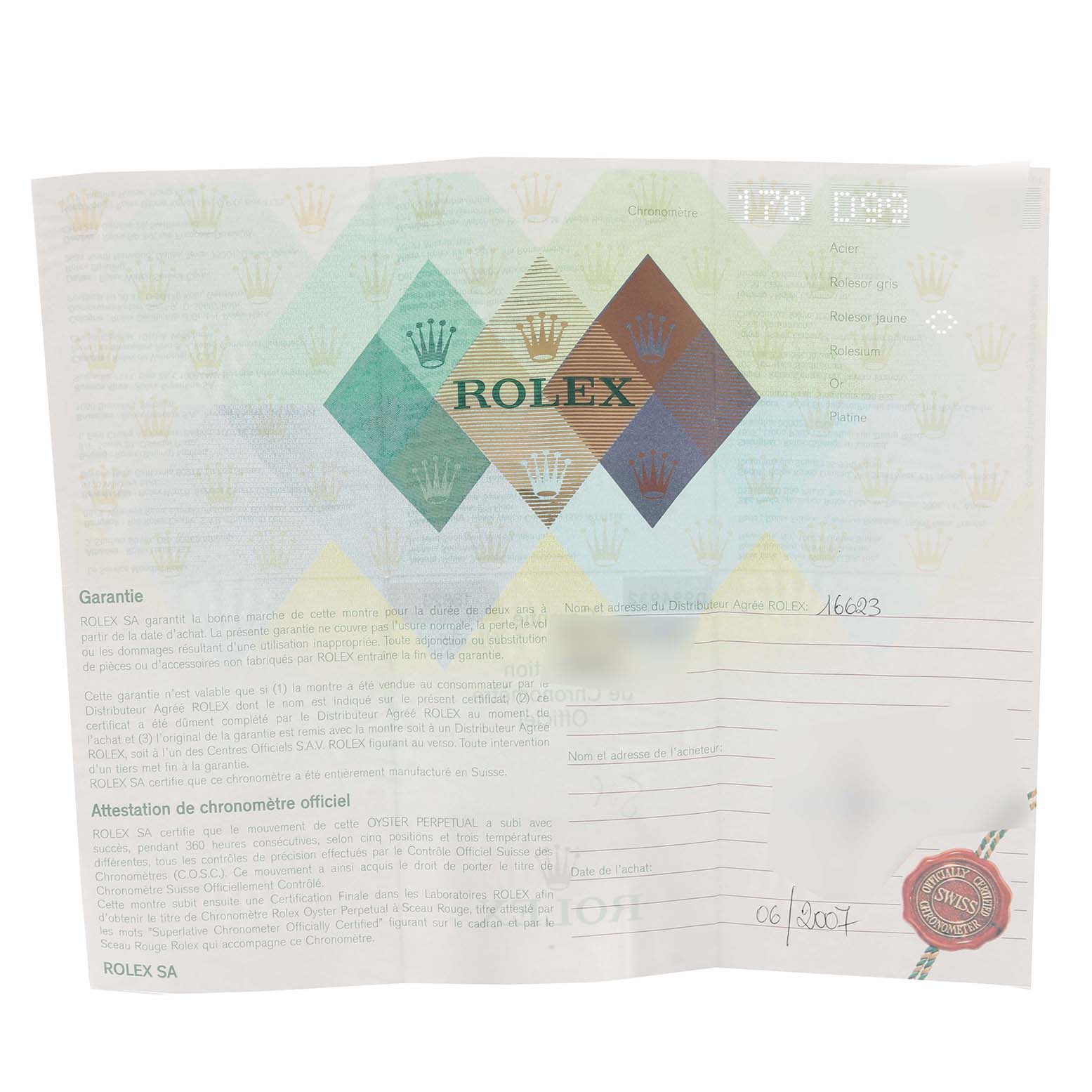 This image shows the warranty paper for a Rolex Yacht-Master 16623 Men
s Steel and Gold (two tone) White Dial 16623 Men
s Steel and Gold (two tone) White Dial watch with relevant details and branding.