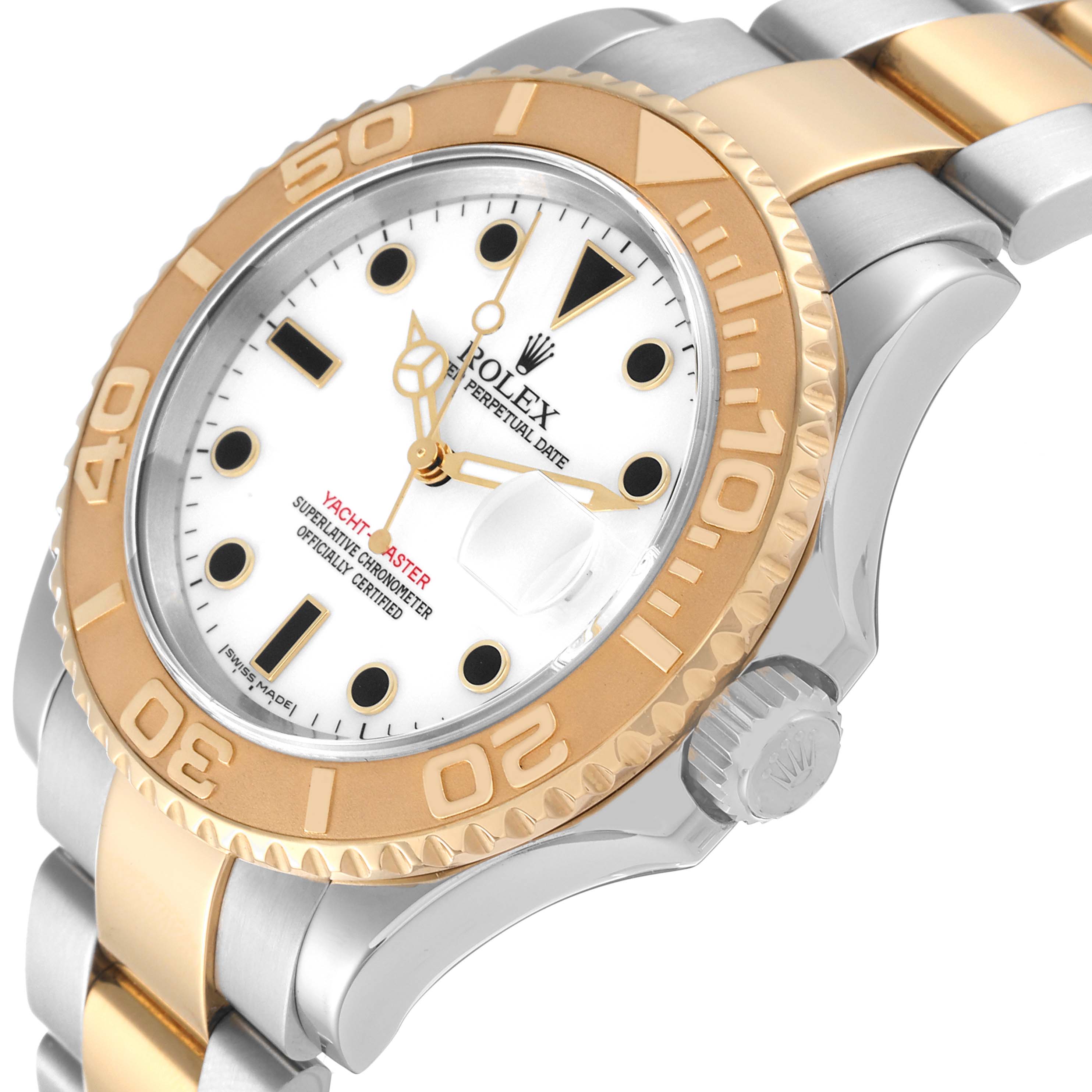 This image shows a close-up of the Rolex Yacht-Master 16623 Men
s Steel and Gold (two tone) White Dial 16623 Men
s Steel and Gold (two tone) White Dial watch highlighting the bezel, crown, and part of the bracelet.