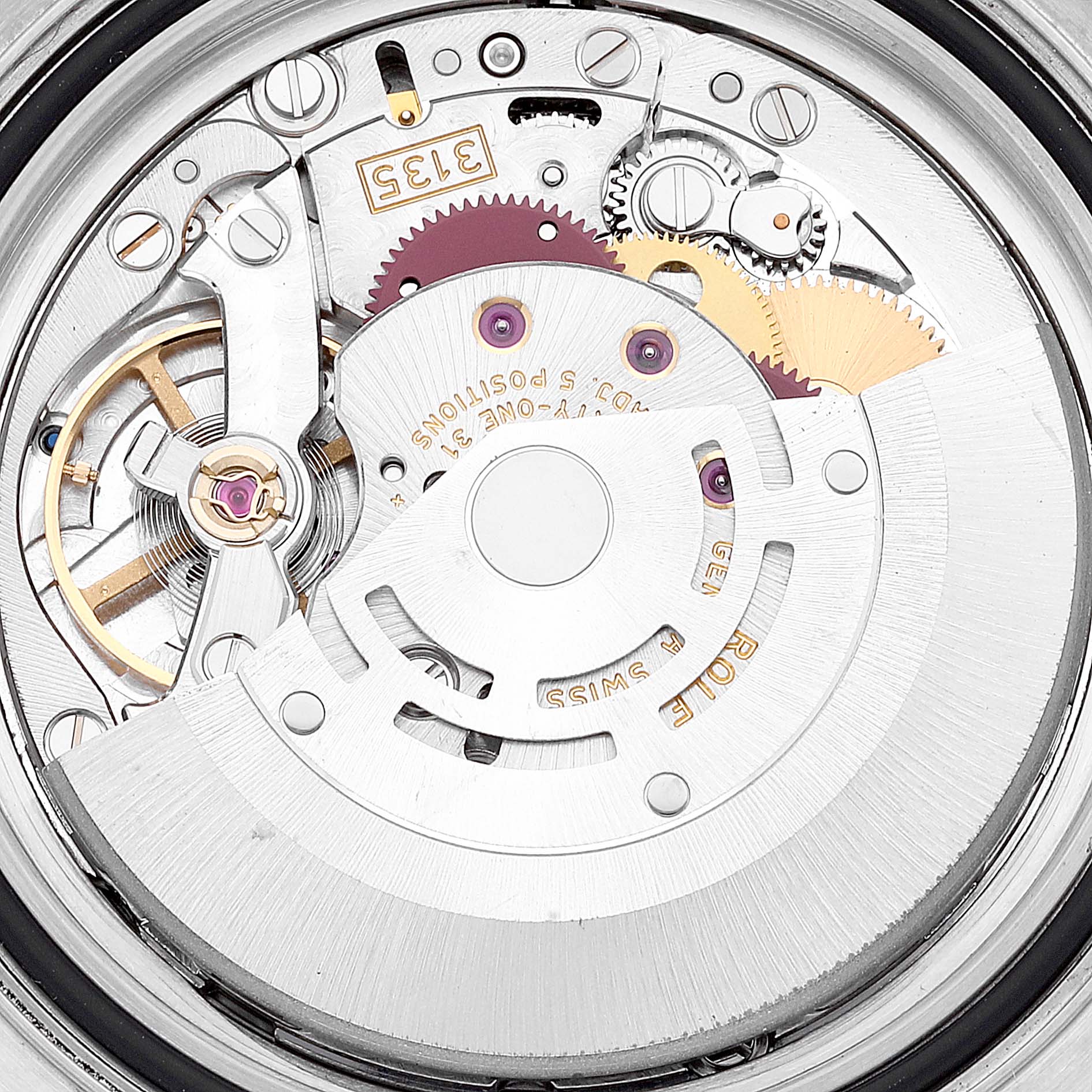 The image shows the intricate internal movement mechanism of a Rolex Yacht-Master 16623 Men
s Steel and Gold (two tone) White Dial 16623 Men
s Steel and Gold (two tone) White Dial watch from a top-down angle.