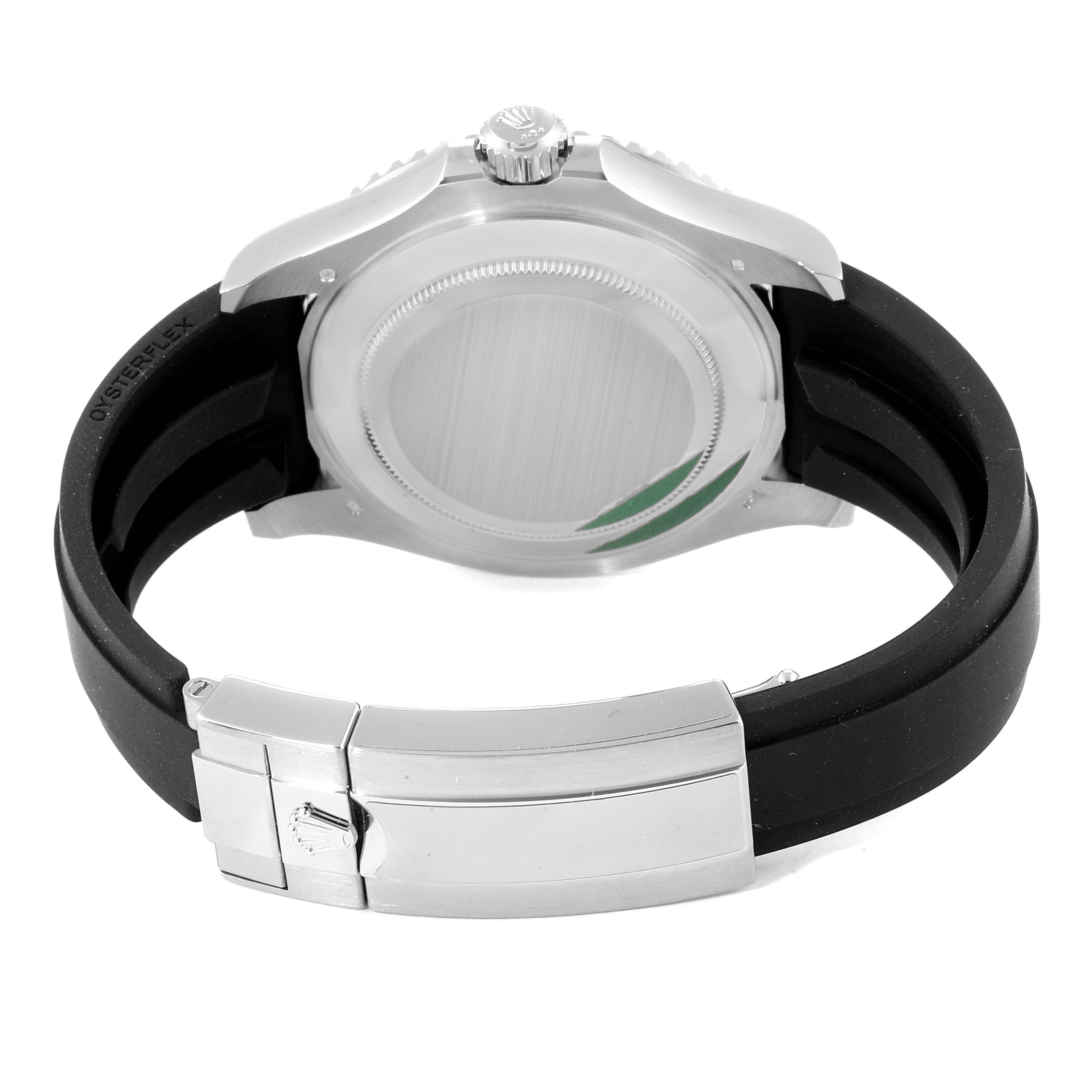 The image shows the back case and clasp of a Rolex Yacht-Master 226659 Men's White Gold Black Dial 226659 Men's White Gold Black Dial watch with a black rubber strap.