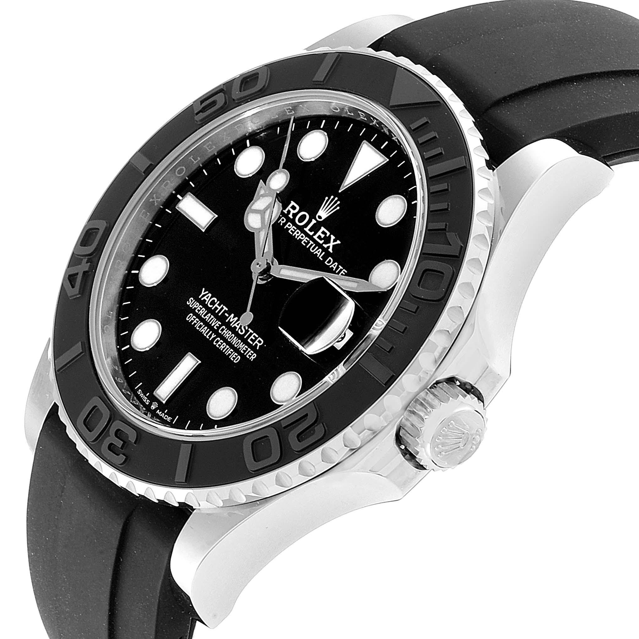 The Rolex Yacht-Master 226659 Men's White Gold Black Dial 226659 Men's White Gold Black Dial watch is shown from an angled side view, highlighting its dial, bezel, and crown.