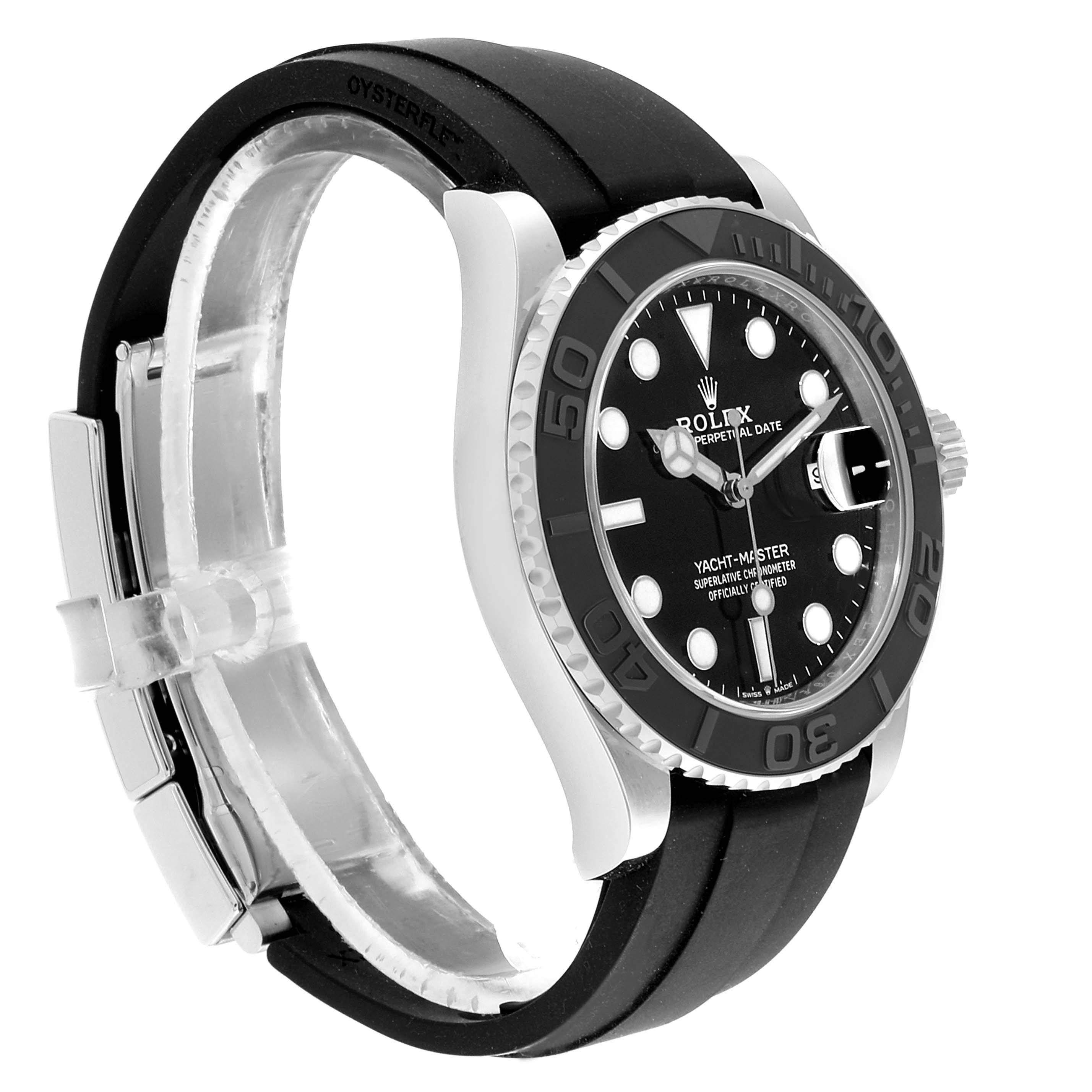 The Rolex Yacht-Master 226659 Men's White Gold Black Dial 226659 Men's White Gold Black Dial watch is shown at a slight side angle, revealing the face, bezel, case, crown, and rubber strap.
