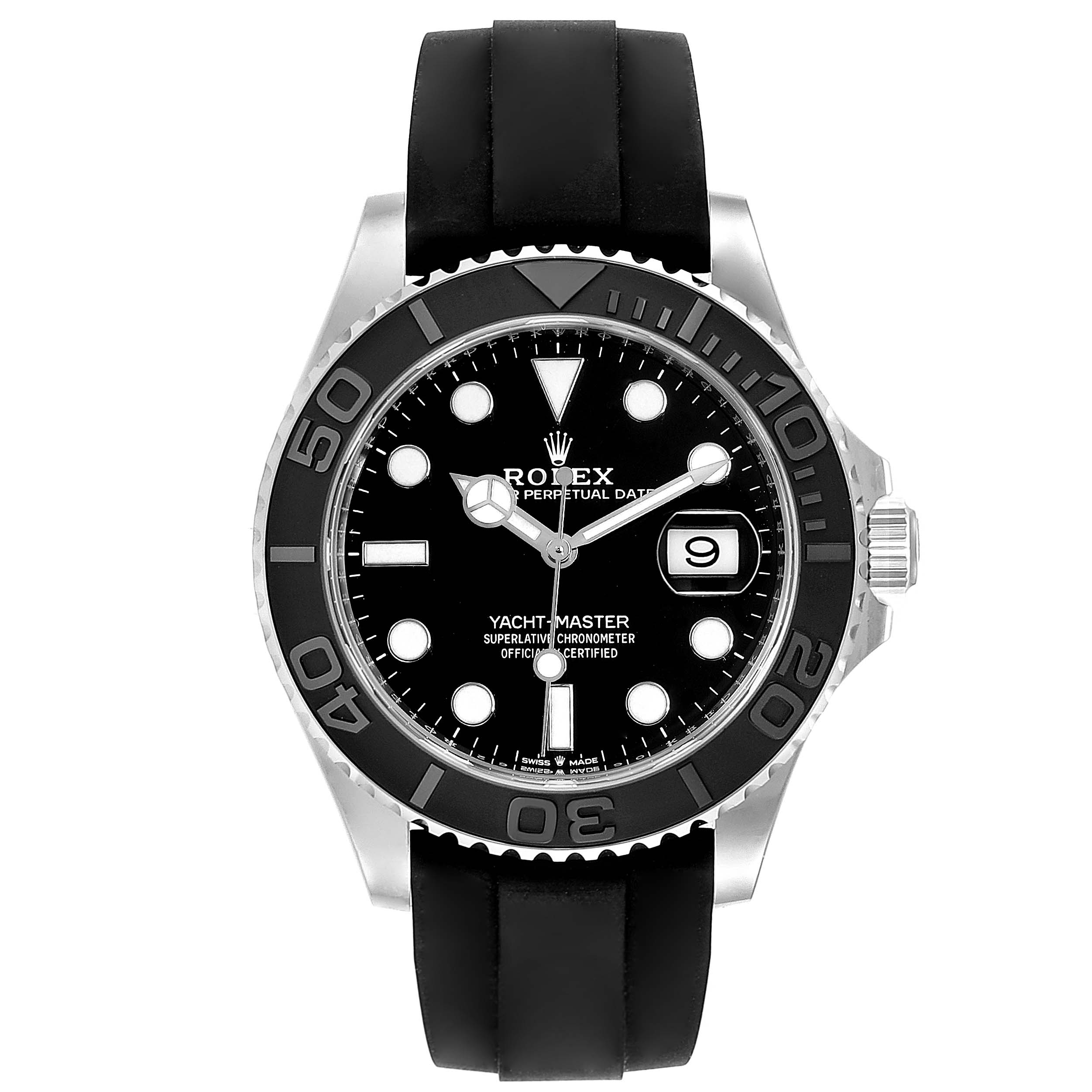 This image shows a front view of a Rolex Yacht-Master 226659 Men's White Gold Black Dial 226659 Men's White Gold Black Dial watch with a black dial, black bezel, and black strap.