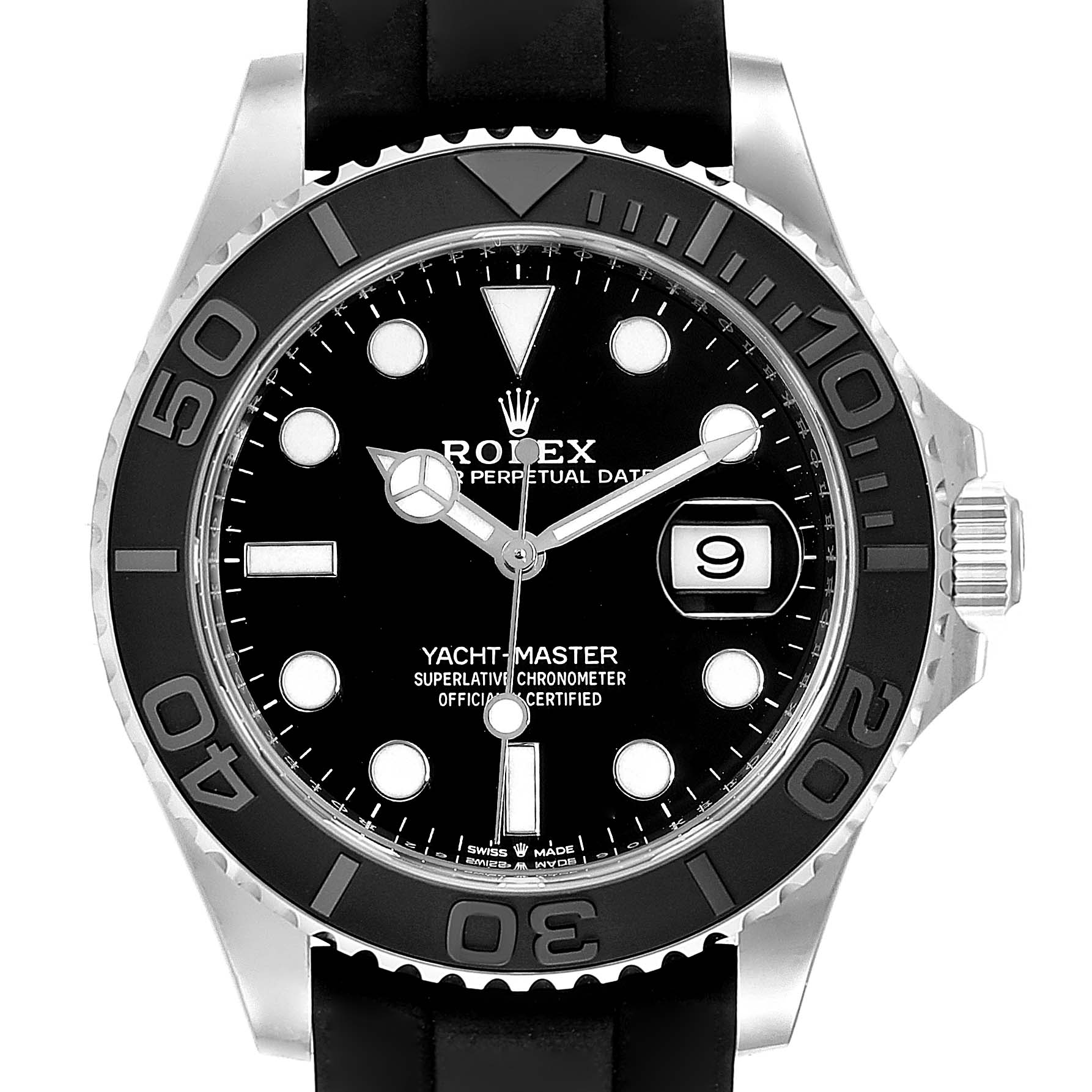This image shows a front view of the Rolex Yacht-Master 226659 Men's White Gold Black Dial 226659 Men's White Gold Black Dial watch, displaying its dial, bezel, and crown.