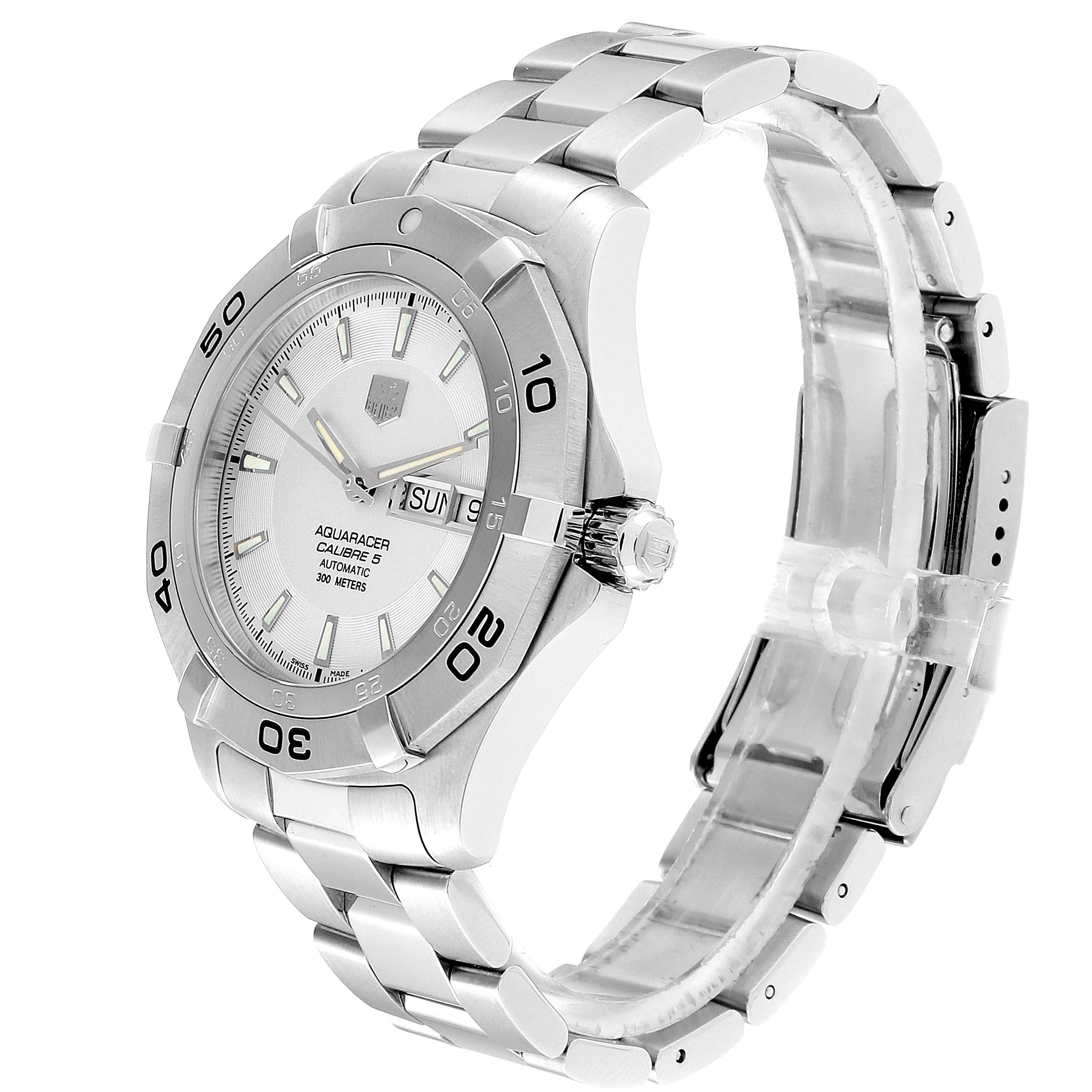 This image shows a Tag Heuer Aquaracer WAF2011.BA0818 Men's Stainless Steel Silver Dial WAF2011.BA0818 Men's Stainless Steel Silver Dial watch from a front and left angle, displaying the face, bezel, crown, and bracelet.