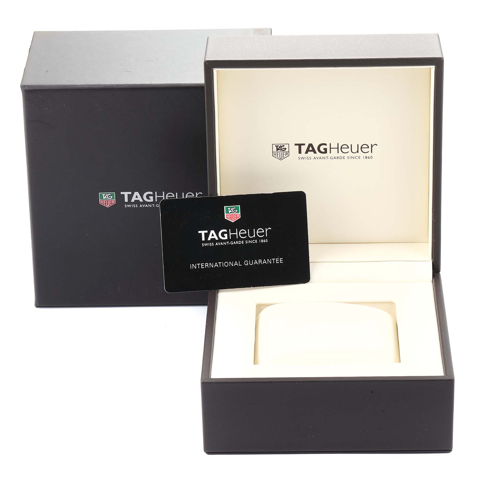 The image shows the packaging and international guarantee card for a Tag Heuer Aquaracer WAF2011.BA0818 Men's Stainless Steel Silver Dial WAF2011.BA0818 Men's Stainless Steel Silver Dial watch.