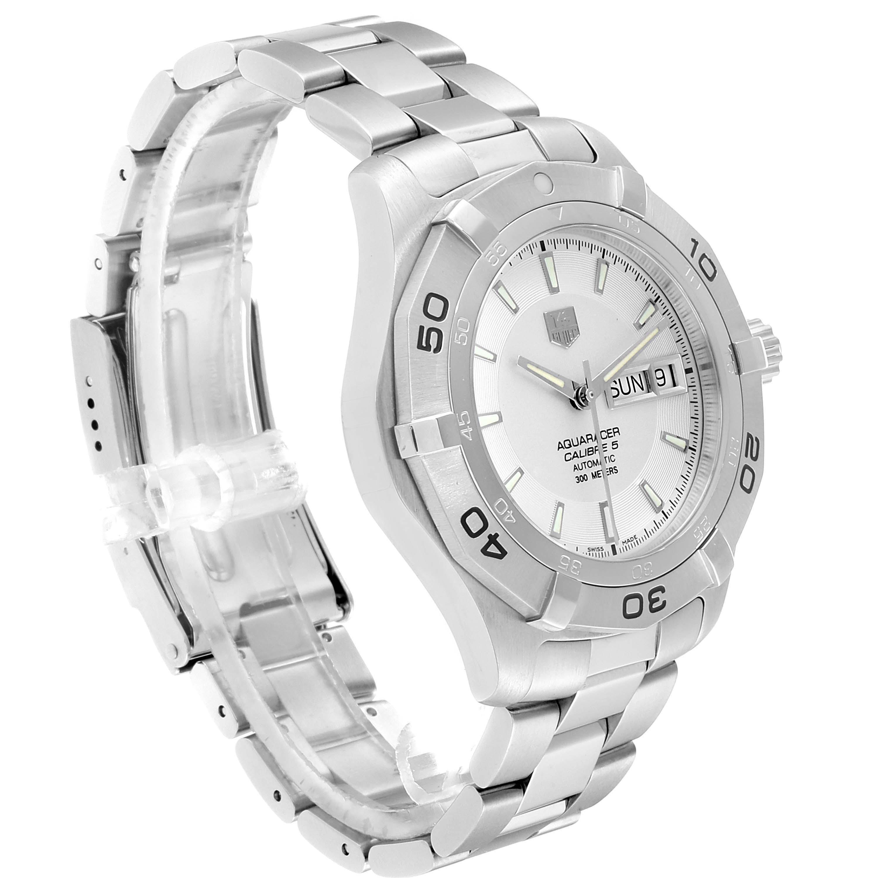The watch shows the dial, bezel, bracelet, and side crown of the Tag Heuer Aquaracer WAF2011.BA0818 Men's Stainless Steel Silver Dial WAF2011.BA0818 Men's Stainless Steel Silver Dial model at a three-quarter angle.