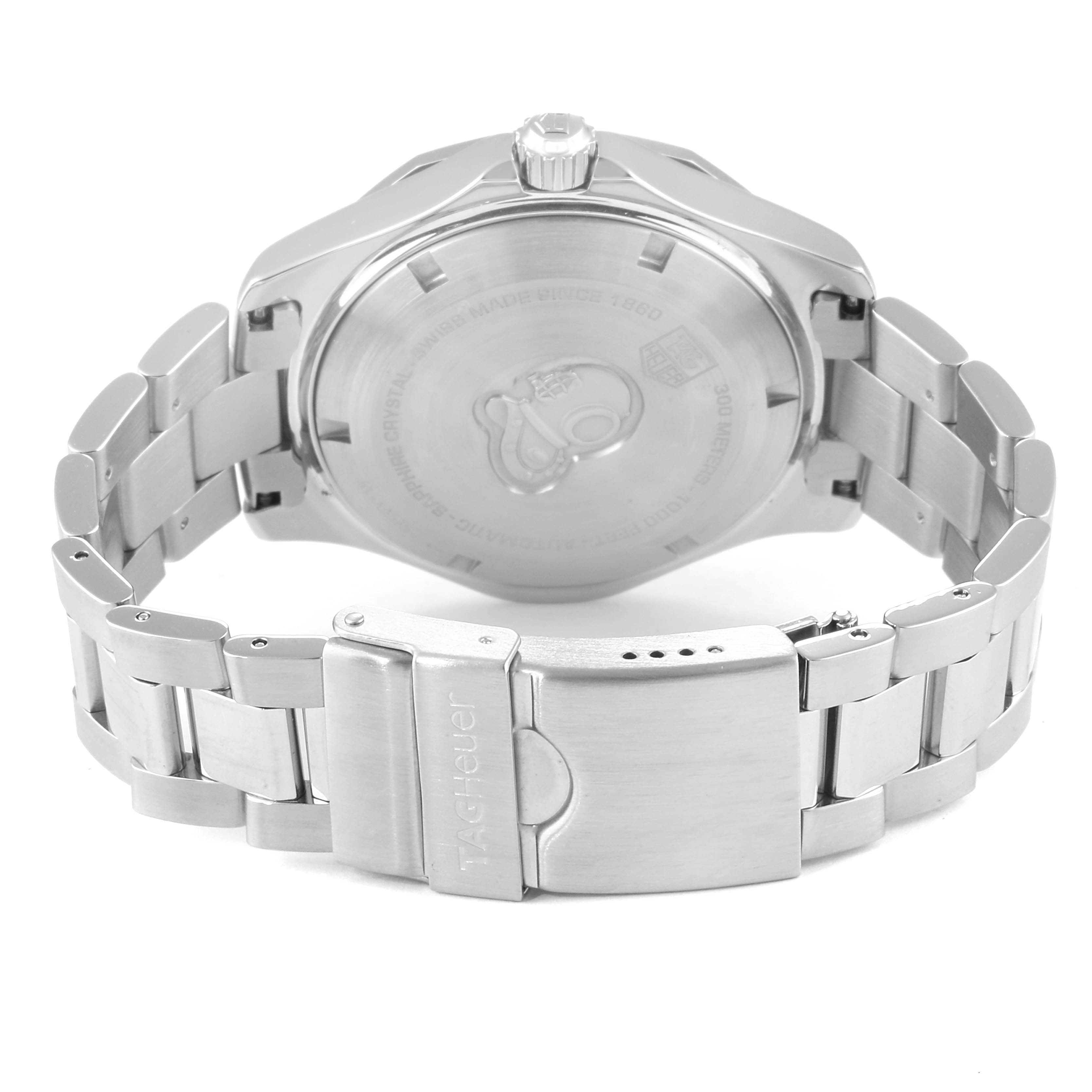 This image shows the back view of the Tag Heuer Aquaracer WAF2011.BA0818 Men's Stainless Steel Silver Dial WAF2011.BA0818 Men's Stainless Steel Silver Dial watch, focusing on the case back and metal bracelet.