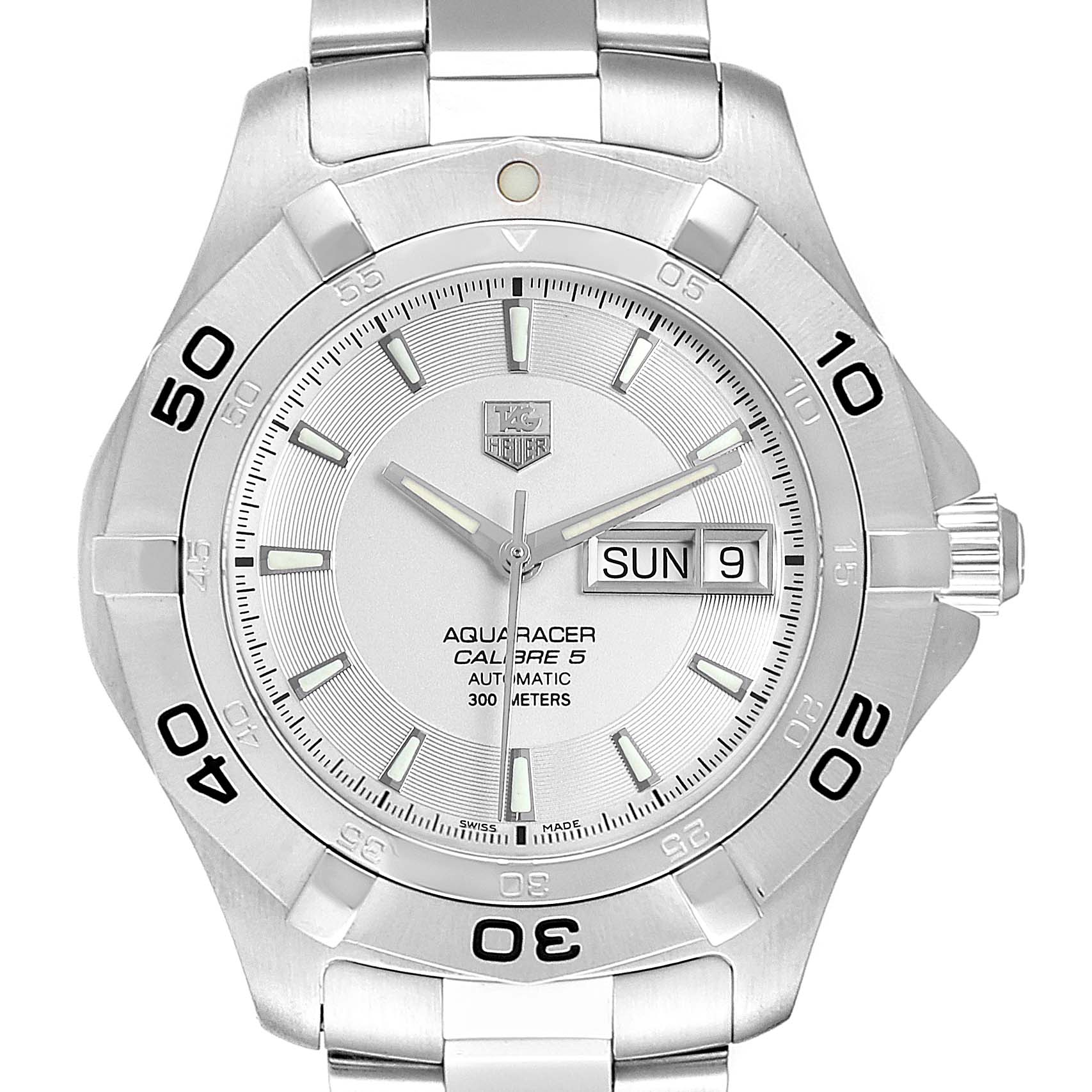 The image shows a front view of the Tag Heuer Aquaracer WAF2011.BA0818 Men's Stainless Steel Silver Dial WAF2011.BA0818 Men's Stainless Steel Silver Dial watch, highlighting its face, bezel, and bracelet.