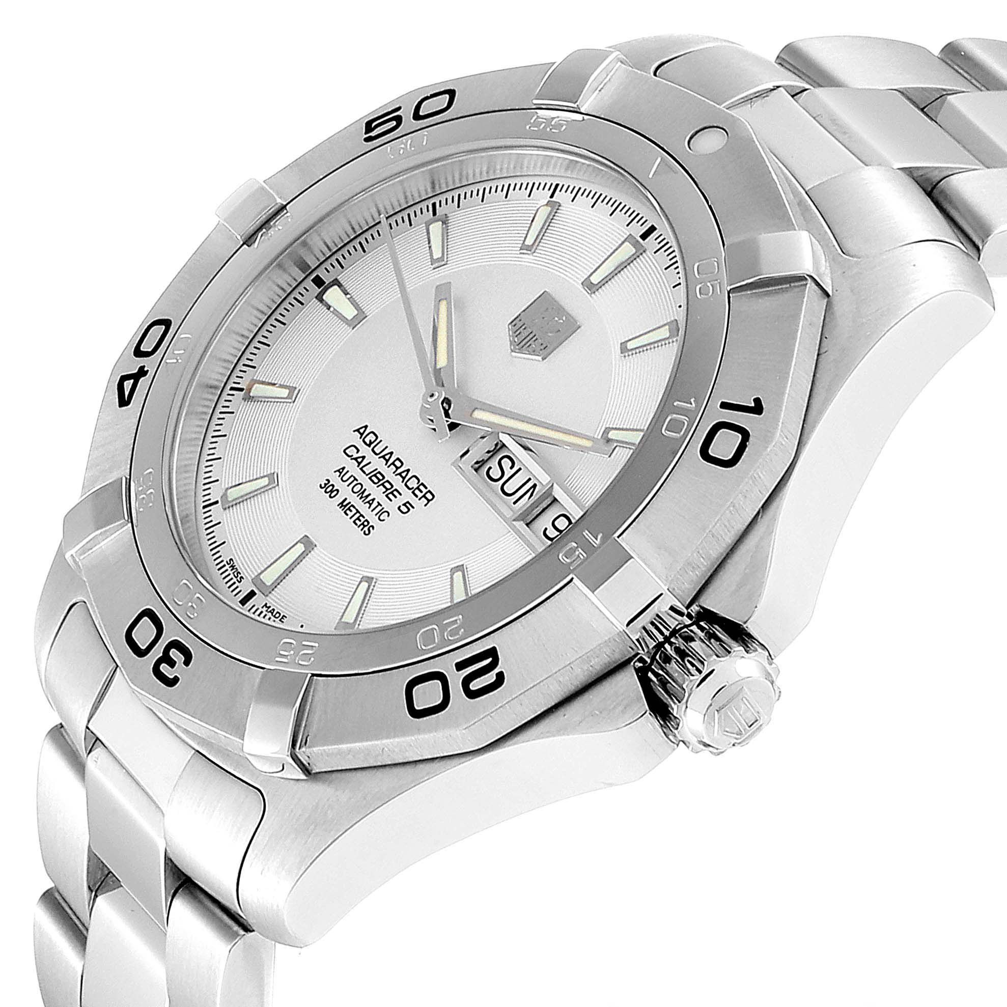 The image shows a close-up angle of the Tag Heuer Aquaracer WAF2011.BA0818 Men's Stainless Steel Silver Dial WAF2011.BA0818 Men's Stainless Steel Silver Dial watch, highlighting its bezel, dial, crown, and bracelet.
