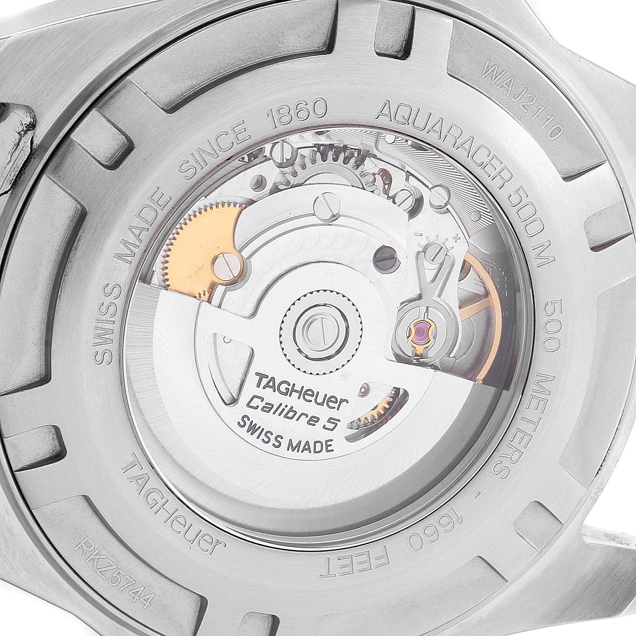 The image shows the back view of the internal mechanics of a Tag Heuer Aquaracer WAJ2110.BA0870 Men's Stainless Steel Black Dial WAJ2110.BA0870 Men's Stainless Steel Black Dial watch.