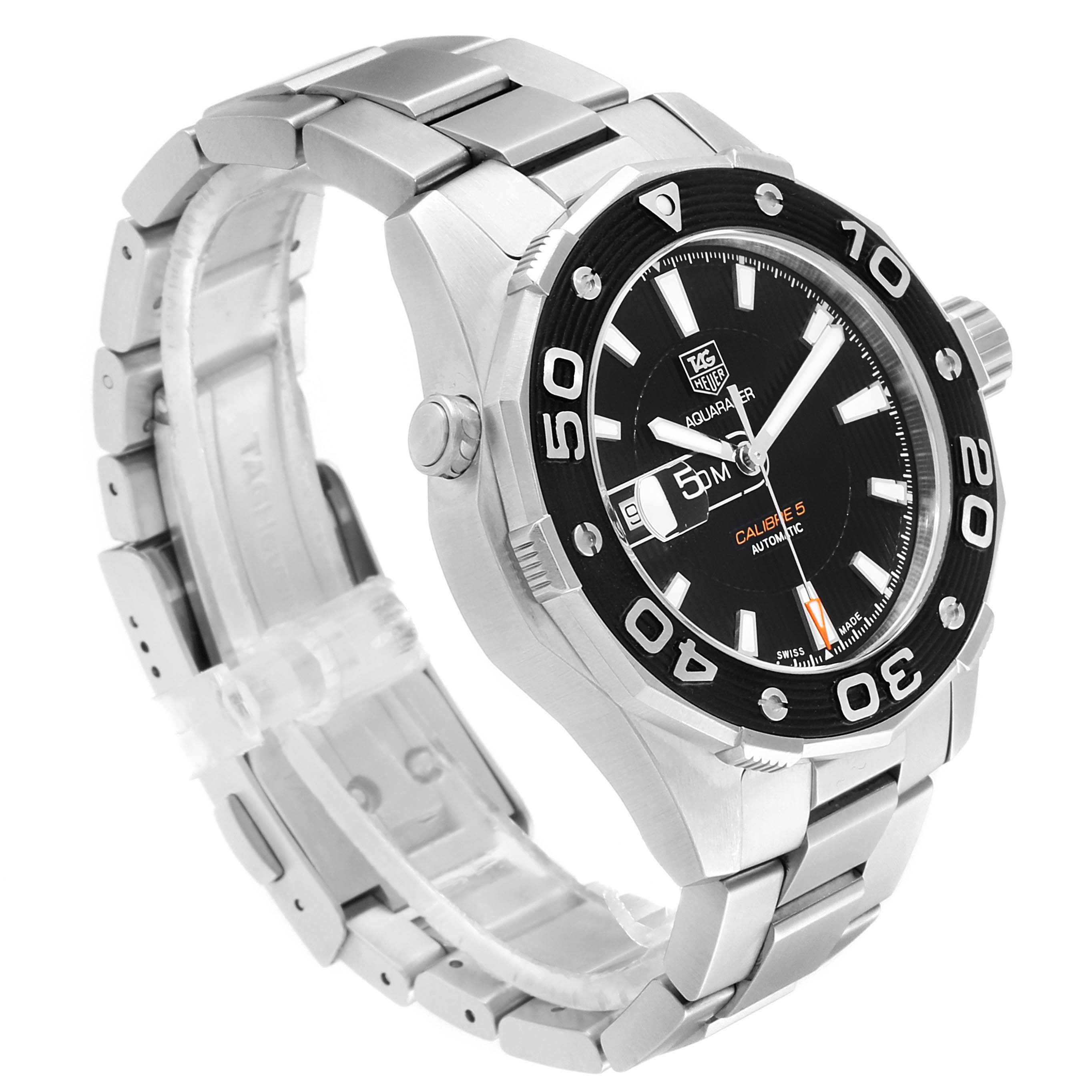 The image shows a Tag Heuer Aquaracer WAJ2110.BA0870 Men's Stainless Steel Black Dial WAJ2110.BA0870 Men's Stainless Steel Black Dial watch at an angle, highlighting its face, bezel, crown, and bracelet.