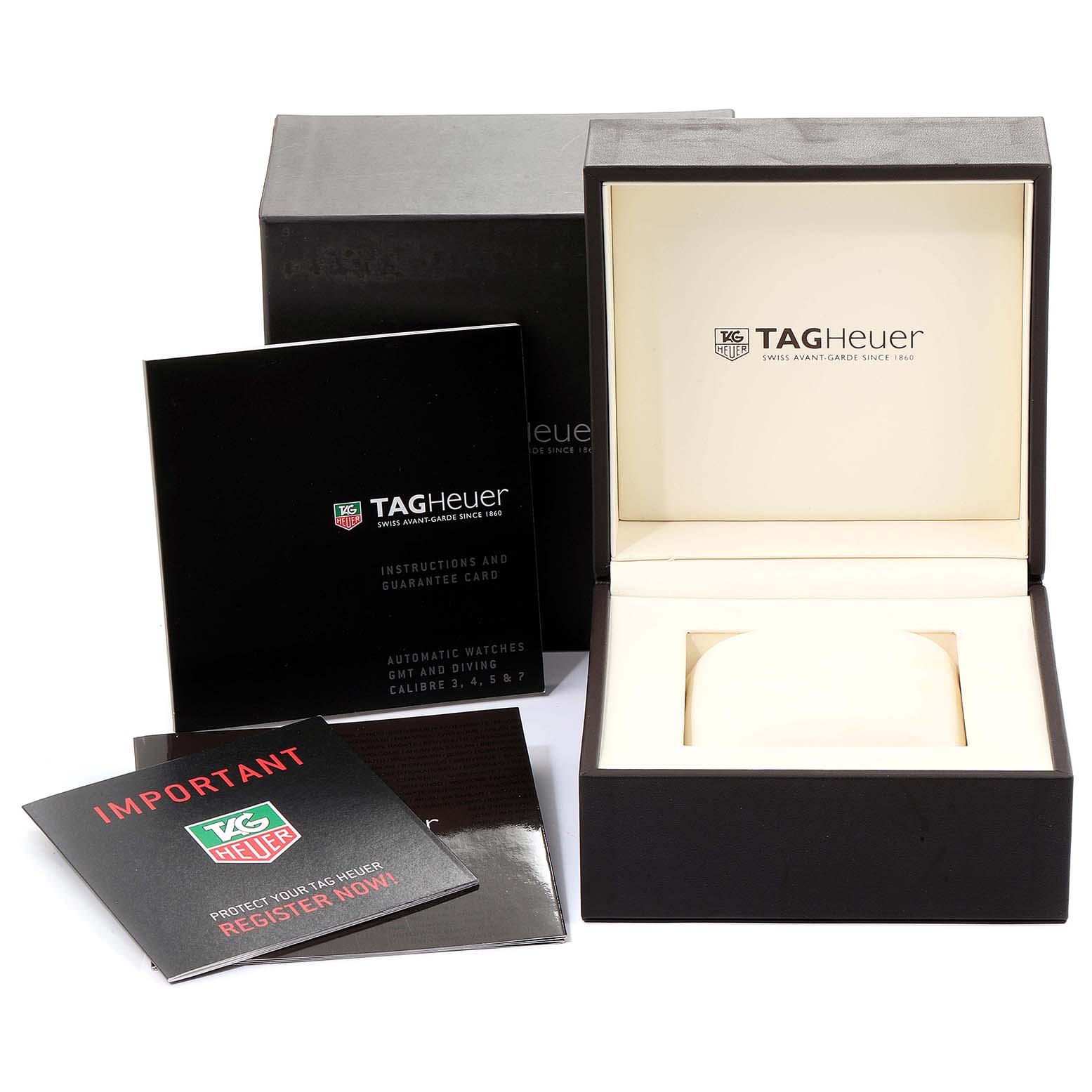 The image shows the packaging and booklets for the Tag Heuer Aquaracer WAJ2110.BA0870 Men's Stainless Steel Black Dial WAJ2110.BA0870 Men's Stainless Steel Black Dial watch, including an open watch box and manuals.
