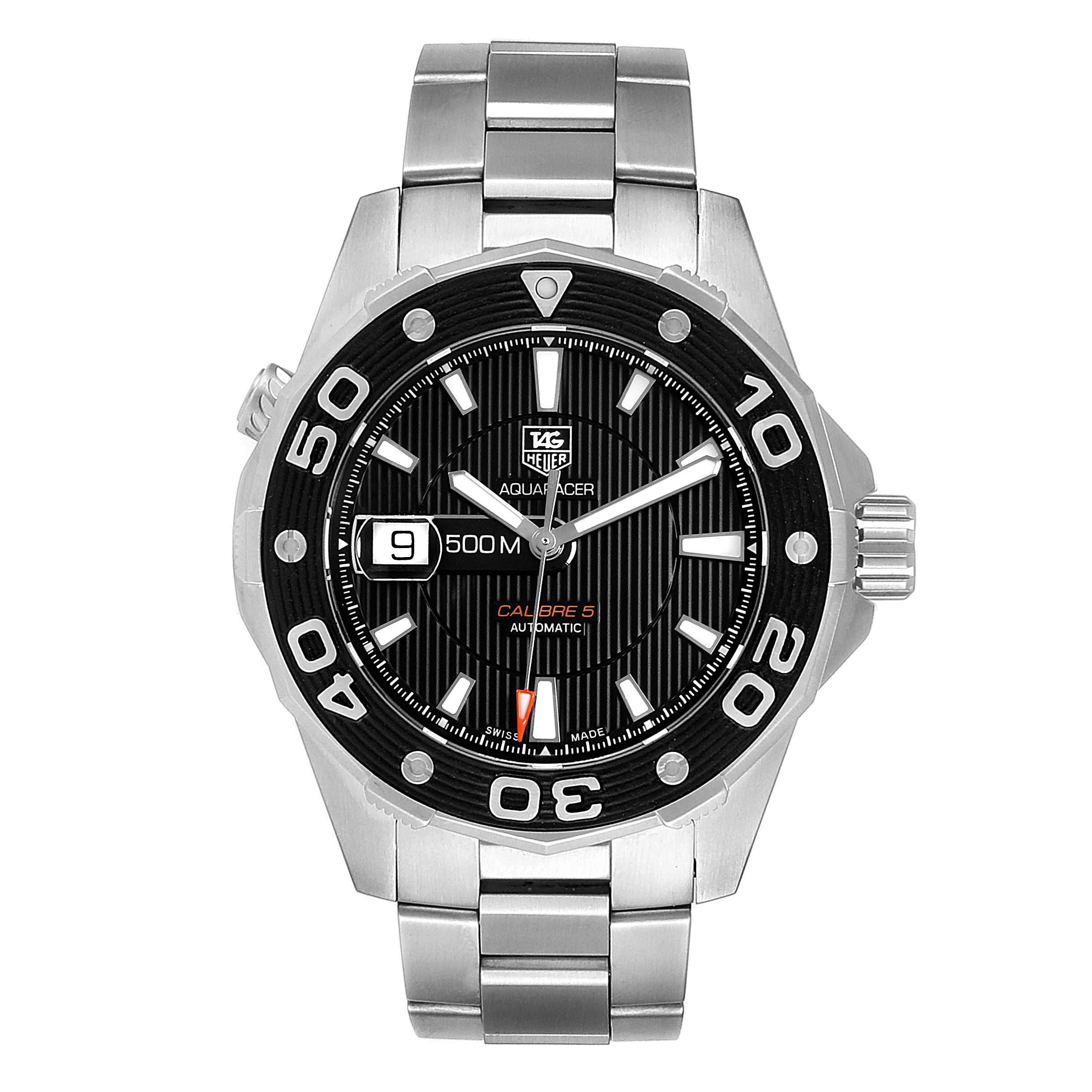 The image shows a Tag Heuer Aquaracer WAJ2110.BA0870 Men's Stainless Steel Black Dial WAJ2110.BA0870 Men's Stainless Steel Black Dial watch from the front, displaying the dial, hands, bezel, crown, and bracelet.