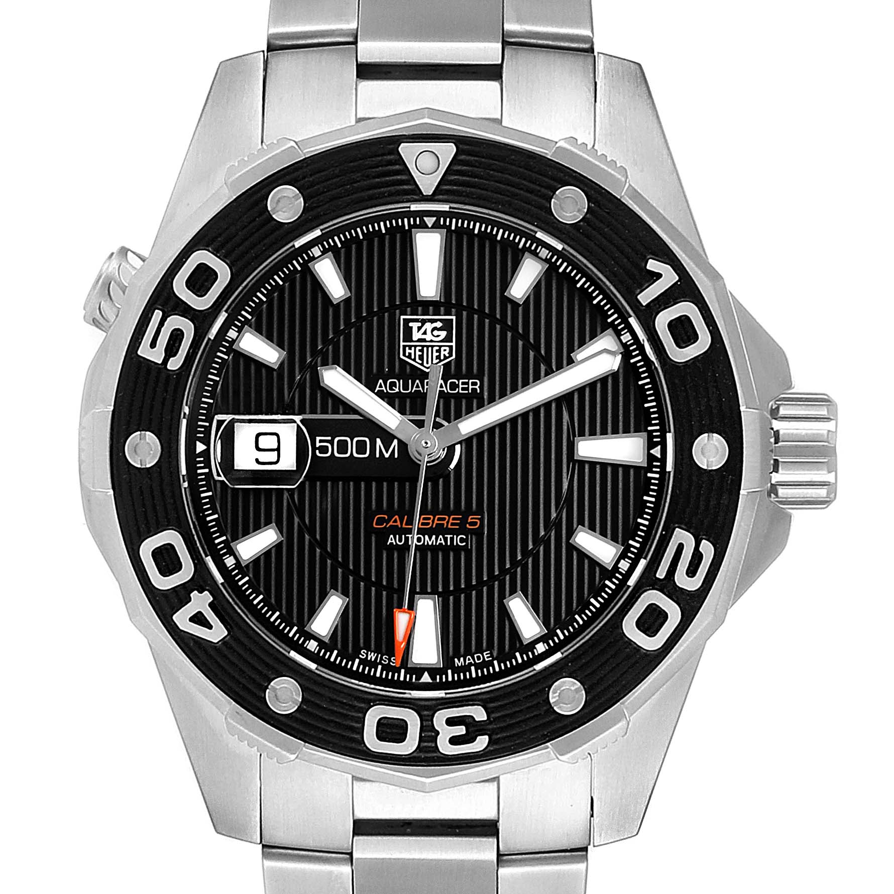 The image shows a front view of the Tag Heuer Aquaracer WAJ2110.BA0870 Men's Stainless Steel Black Dial WAJ2110.BA0870 Men's Stainless Steel Black Dial watch, highlighting its dial, bezel, hands, and bracelet.