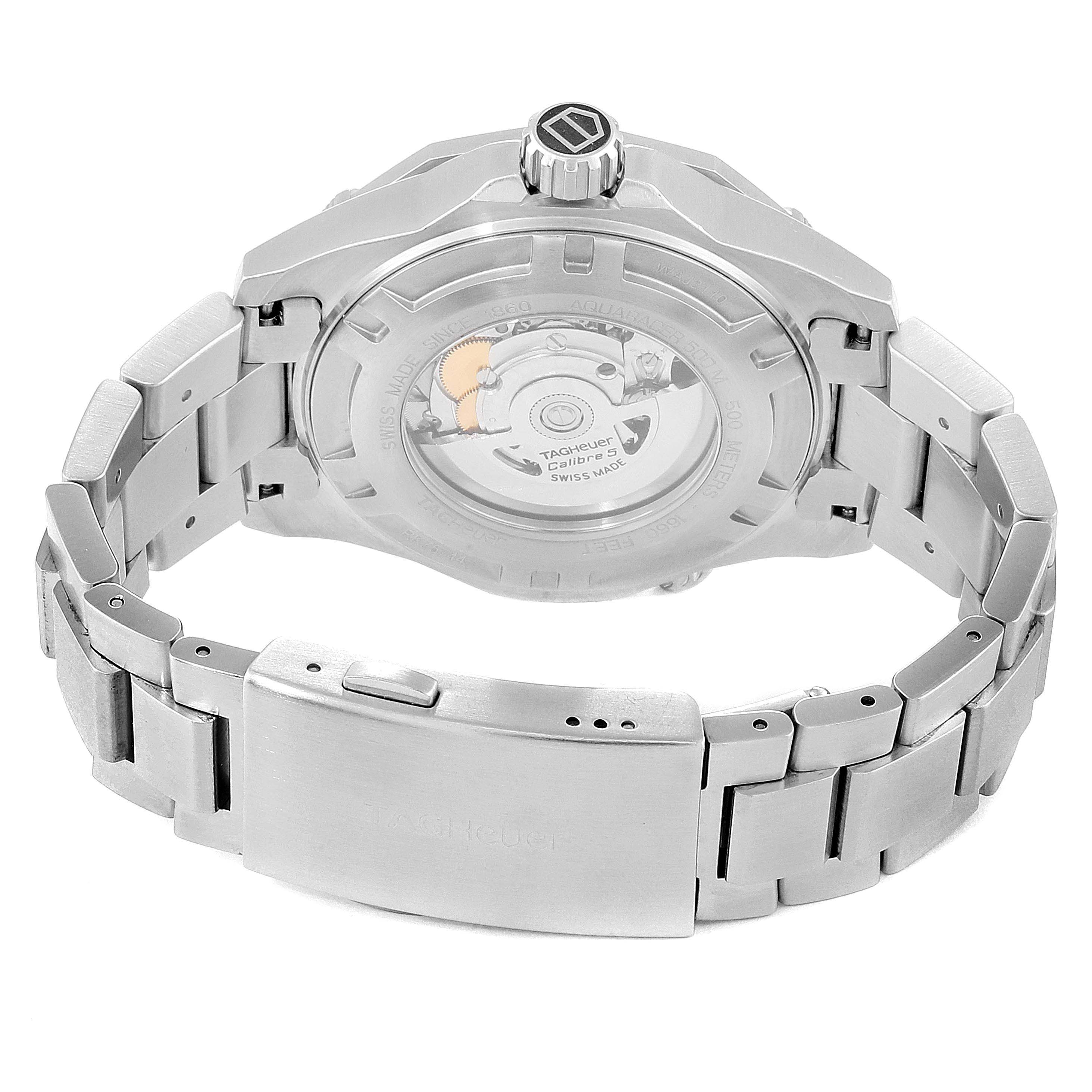 This Tag Heuer Aquaracer WAJ2110.BA0870 Men's Stainless Steel Black Dial WAJ2110.BA0870 Men's Stainless Steel Black Dial model is shown from the back, displaying the stainless steel bracelet and transparent case back.