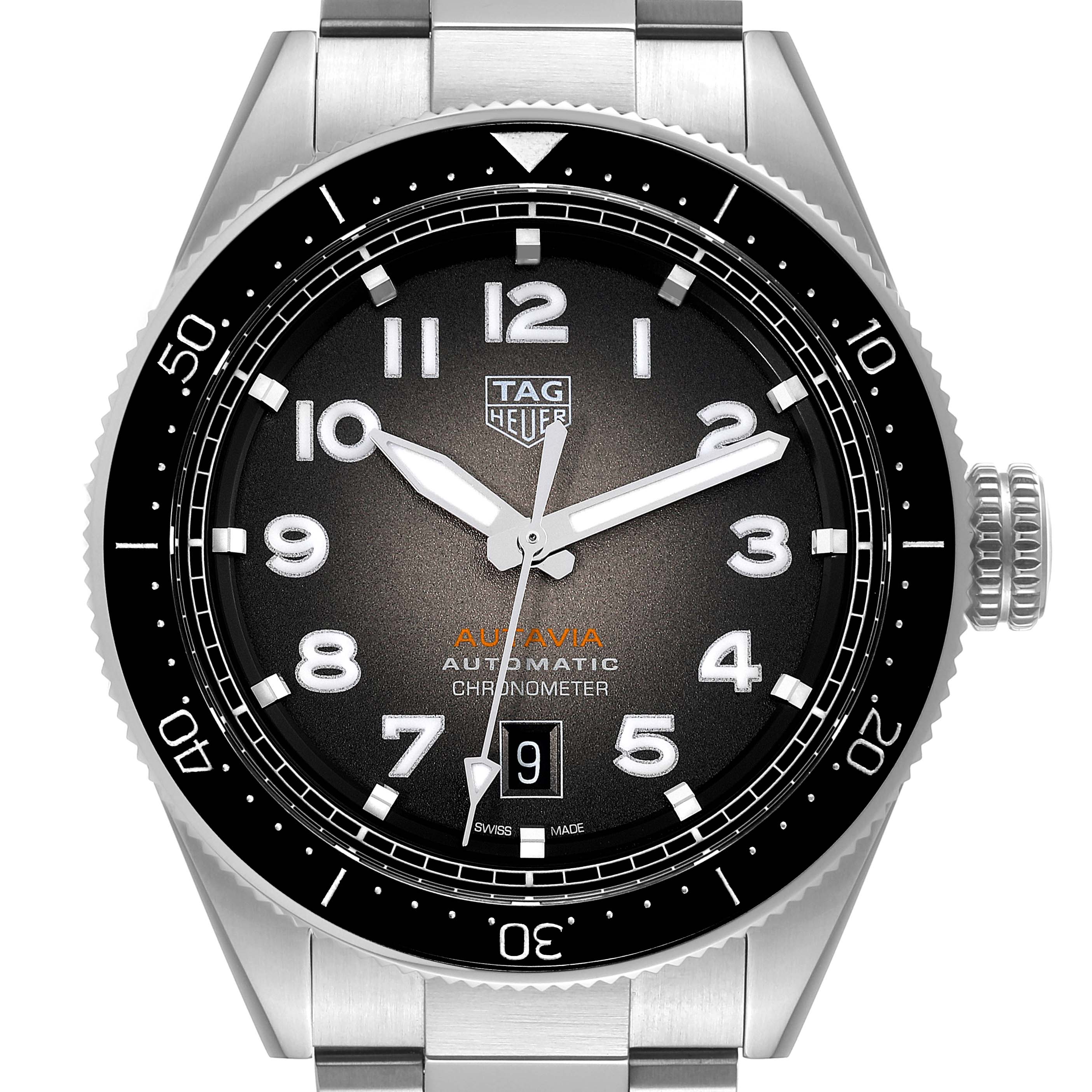 This is a front view of a Tag Heuer Autavia WBE5114.EB0173 Men's Stainless Steel Brown Dial WBE5114.EB0173 Men's Stainless Steel Brown Dial watch, showing the dial, hands, bezel, and crown.