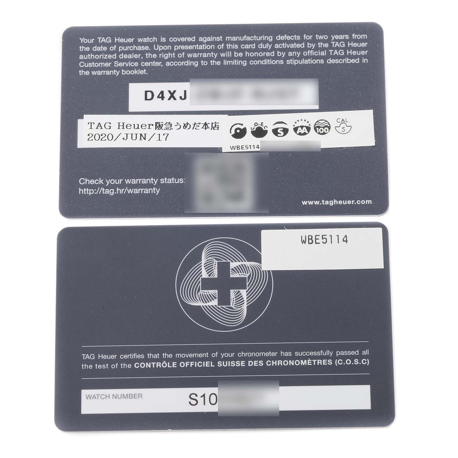 The image shows two Tag Heuer Autavia WBE5114.EB0173 Men's Stainless Steel Brown Dial WBE5114.EB0173 Men's Stainless Steel Brown Dial model warranty cards viewed from above.