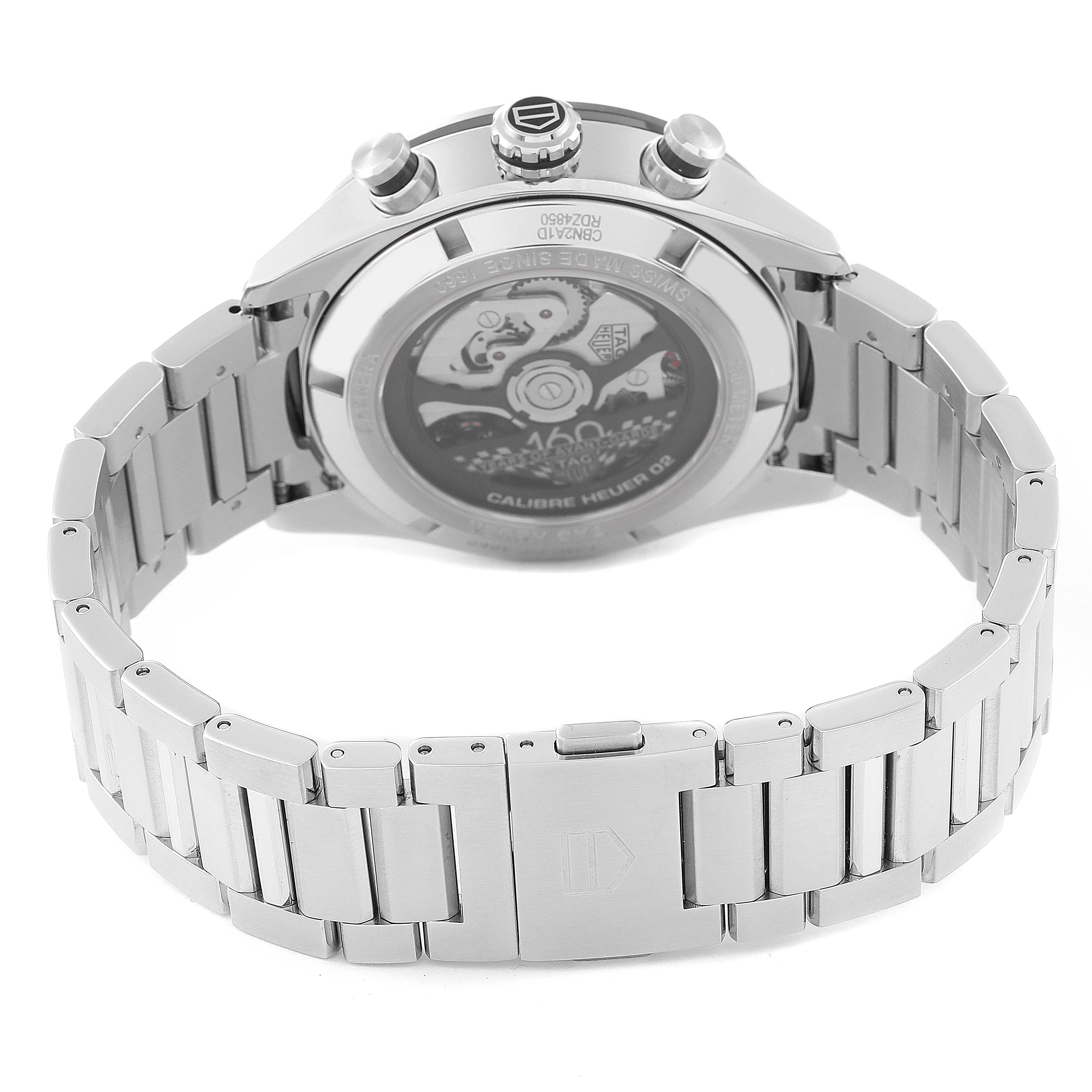 This image shows the back and stainless steel bracelet of the Tag Heuer Carrera CBN2A1D.BA0643 Men's Stainless Steel Silver Dial CBN2A1D.BA0643 Men's Stainless Steel Silver Dial model watch at an angled rear view.