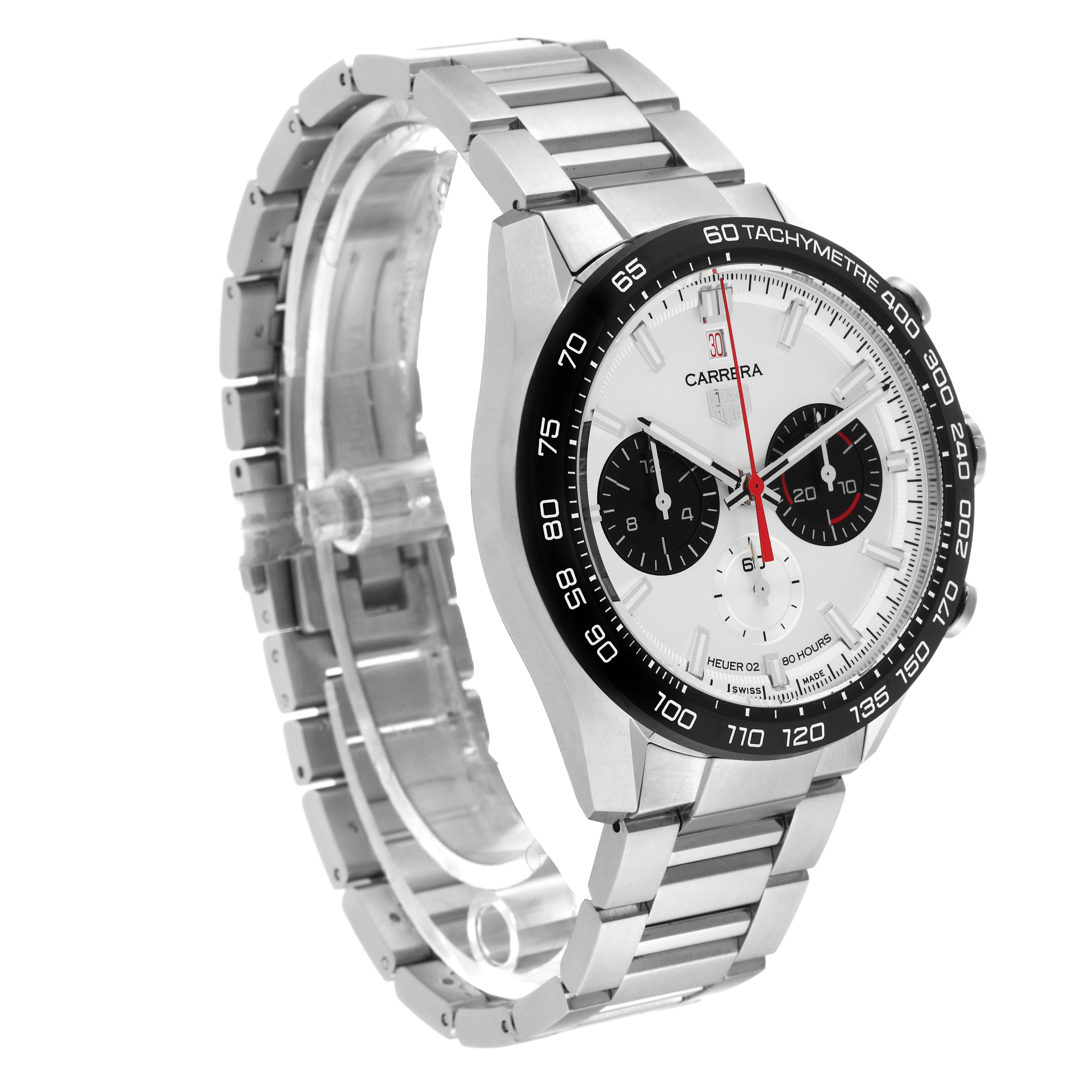 This Tag Heuer Carrera CBN2A1D.BA0643 Men's Stainless Steel Silver Dial CBN2A1D.BA0643 Men's Stainless Steel Silver Dial watch is shown at a three-quarter angle, displaying the full face, bezel, and stainless-steel bracelet.