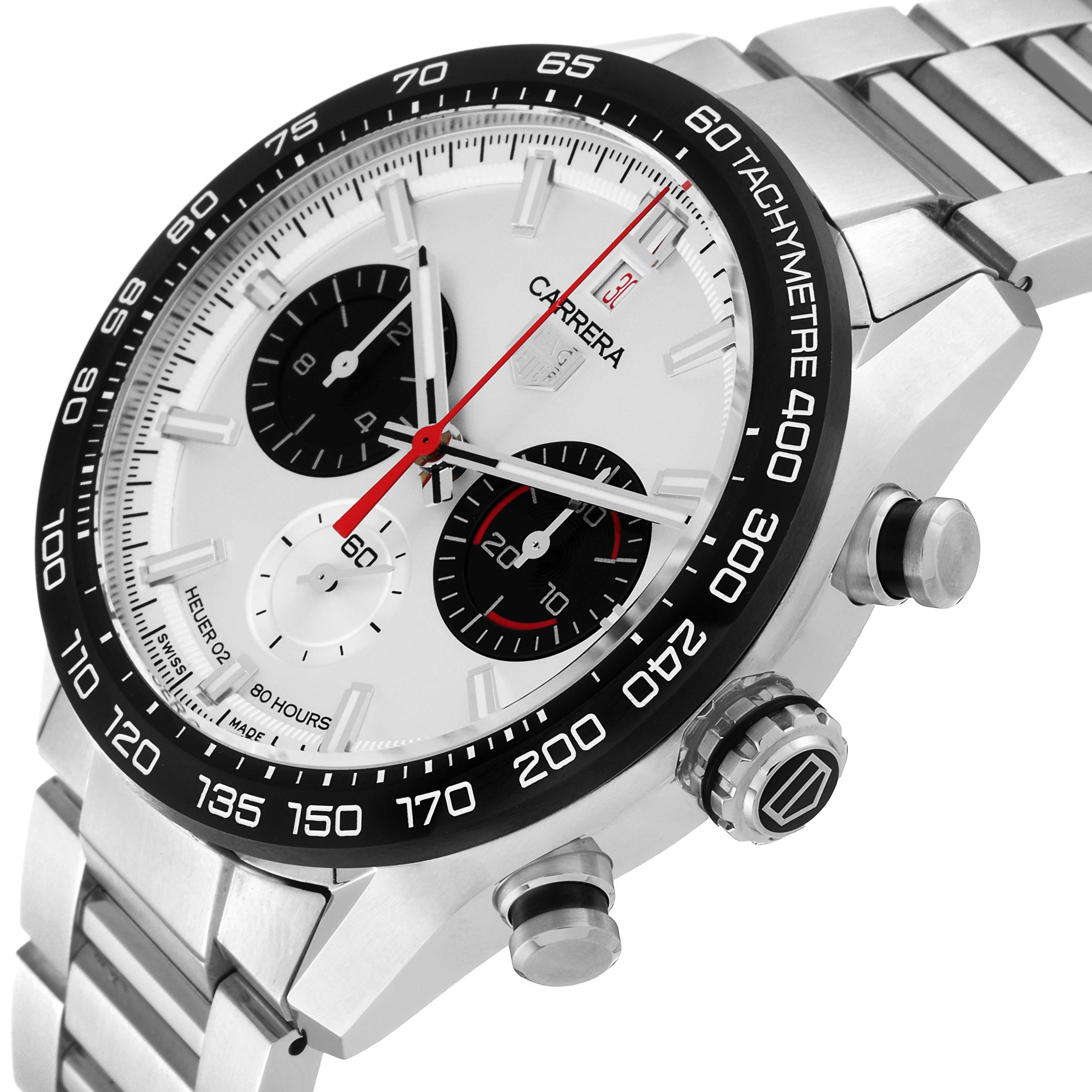 The image shows a side view of the Tag Heuer Carrera CBN2A1D.BA0643 Men's Stainless Steel Silver Dial CBN2A1D.BA0643 Men's Stainless Steel Silver Dial, highlighting the watch face, side buttons, and part of the metal strap.