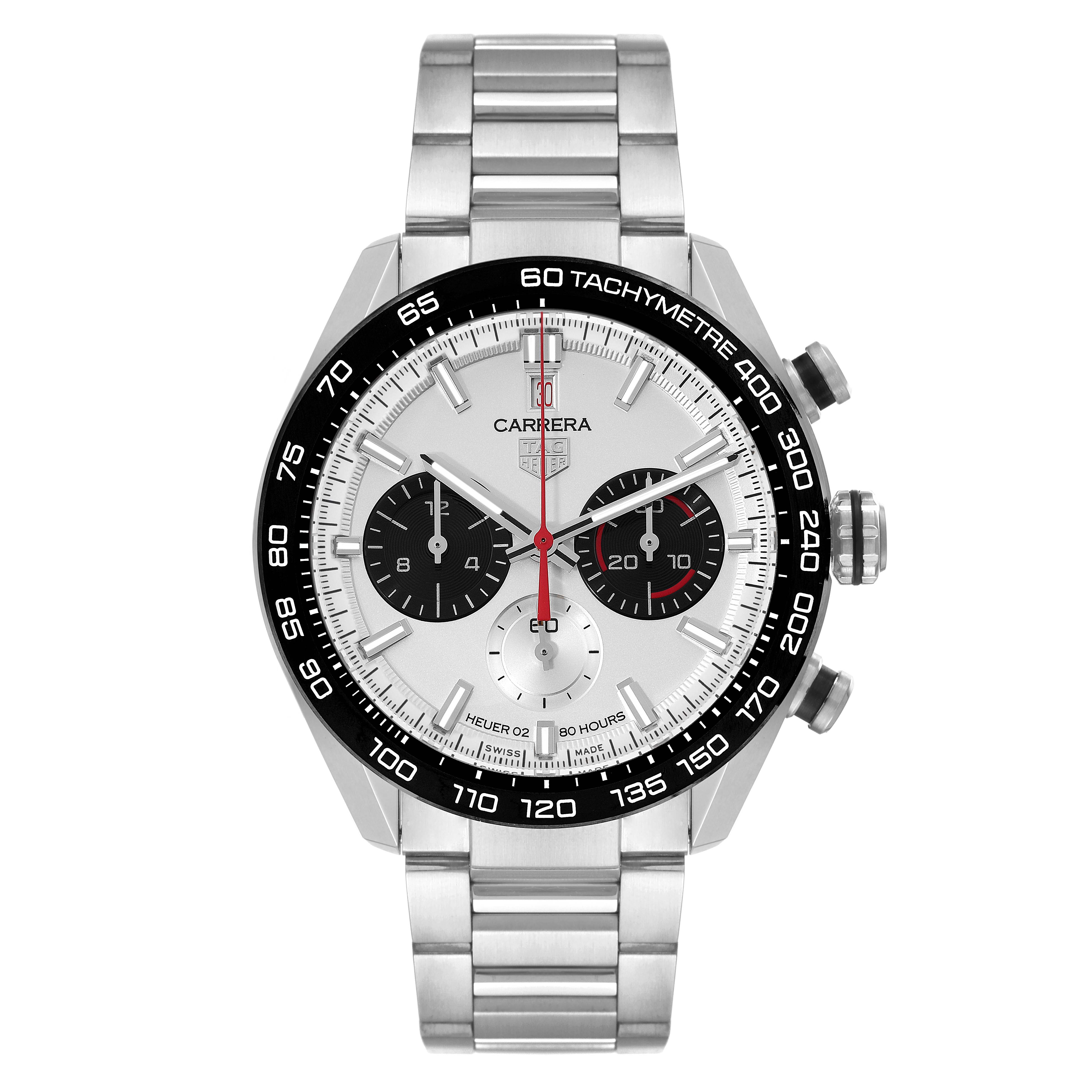 The Tag Heuer Carrera CBN2A1D.BA0643 Men's Stainless Steel Silver Dial CBN2A1D.BA0643 Men's Stainless Steel Silver Dial watch is shown from the front, displaying its face, tachymeter bezel, and stainless steel bracelet.