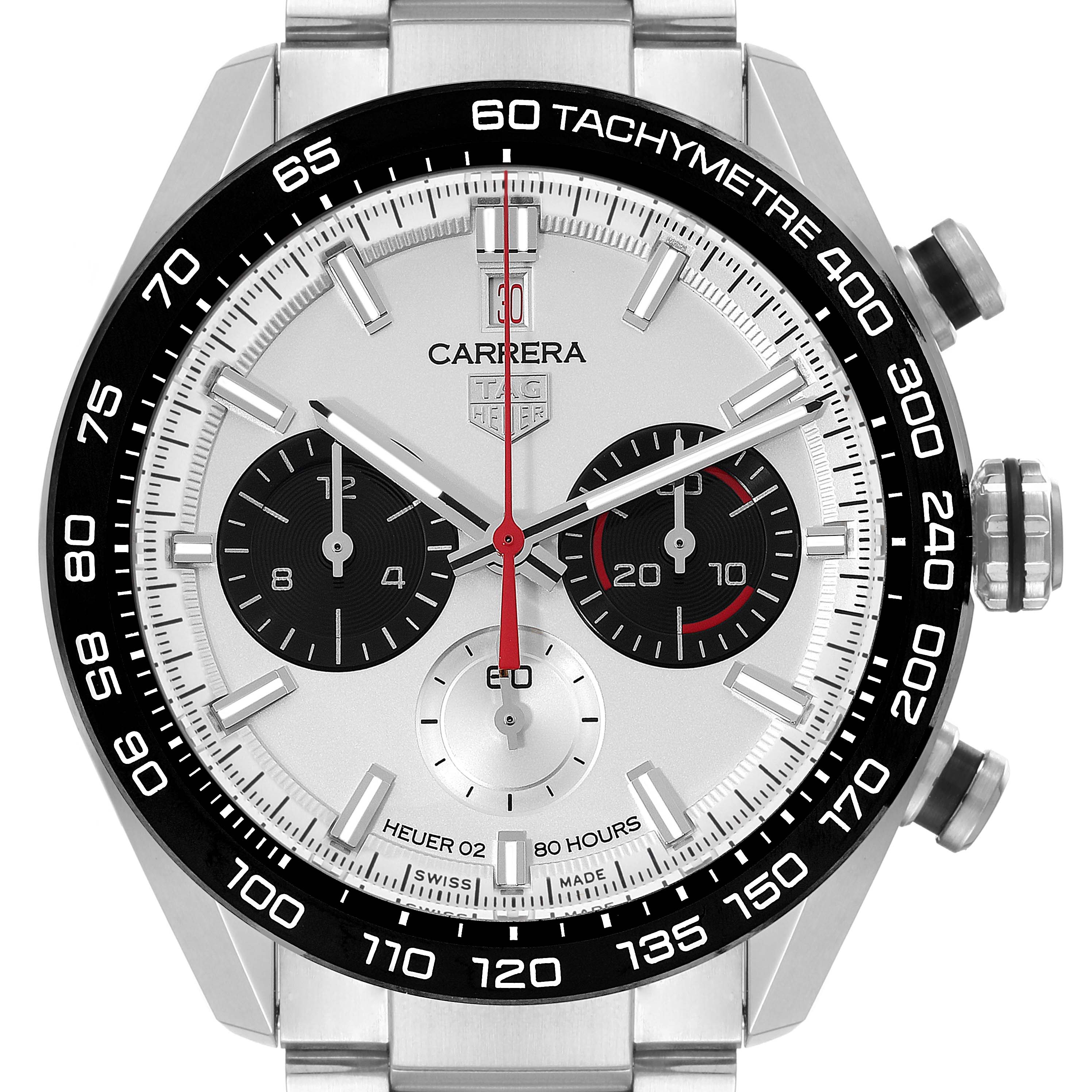 The image shows a front view of the Tag Heuer Carrera CBN2A1D.BA0643 Men's Stainless Steel Silver Dial CBN2A1D.BA0643 Men's Stainless Steel Silver Dial watch, highlighting the dial, chronograph subdials, bezel, and pushers.