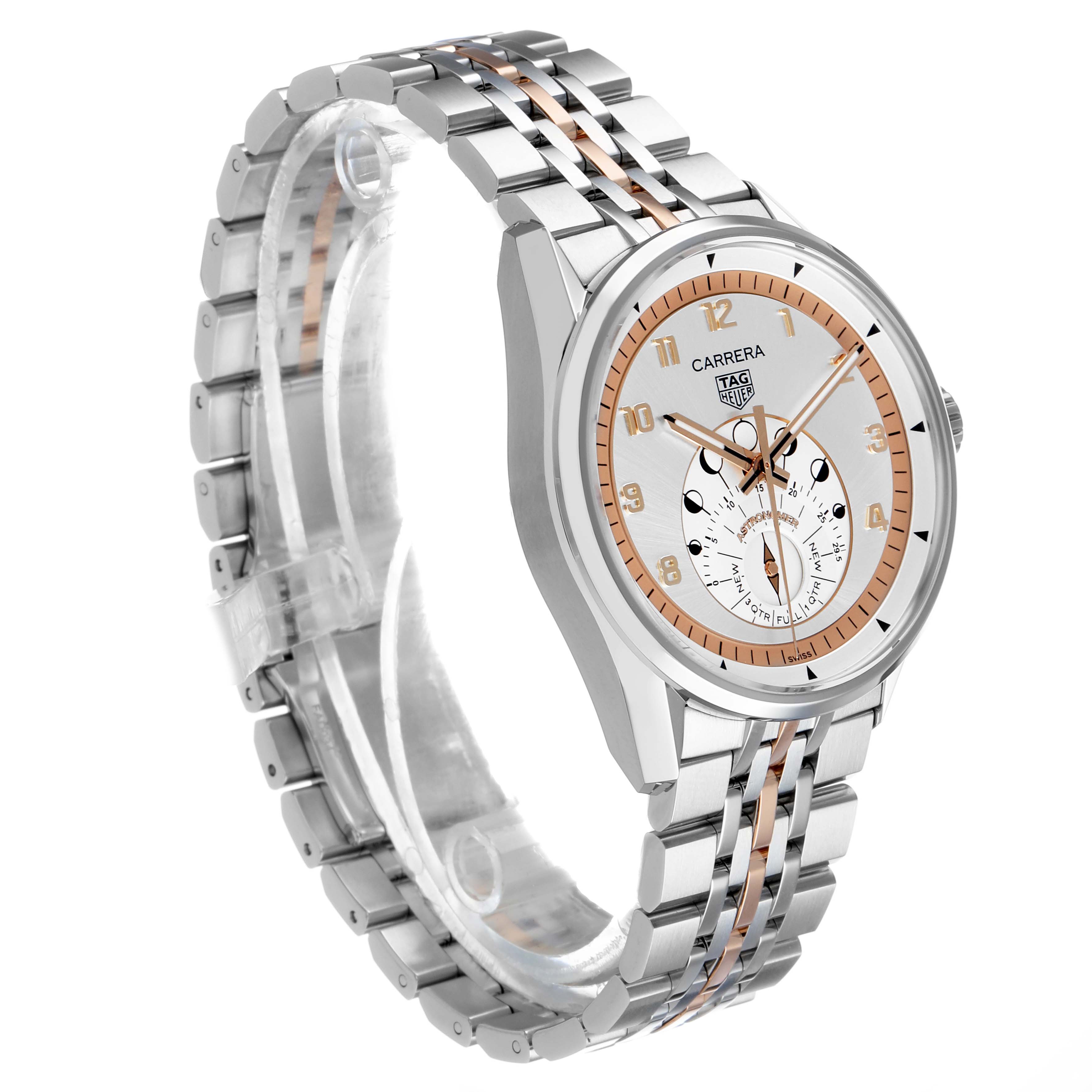 The image shows a Tag Heuer Carrera WBX2111.BD0002 Men's Stainless Steel Silver Dial watch at a three-quarter angle, displaying the face, bezel, and bracelet.
