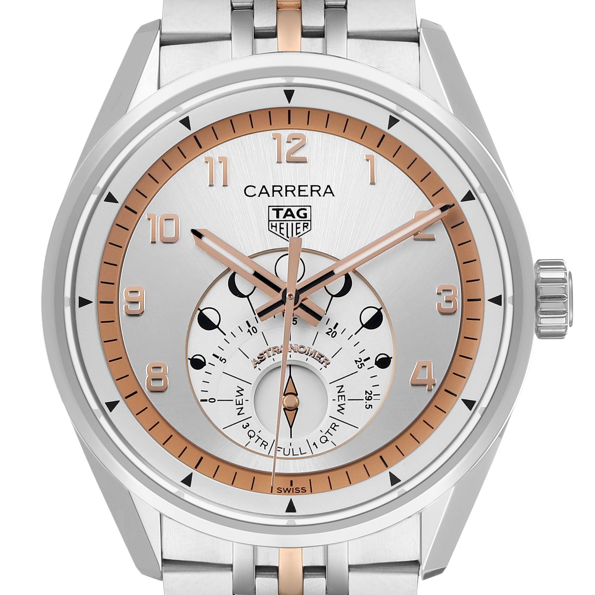 The Tag Heuer Carrera WBX2111.BD0002 Men's Stainless Steel Silver Dial watch is shown from a front view, highlighting its face details and partial bracelet.
