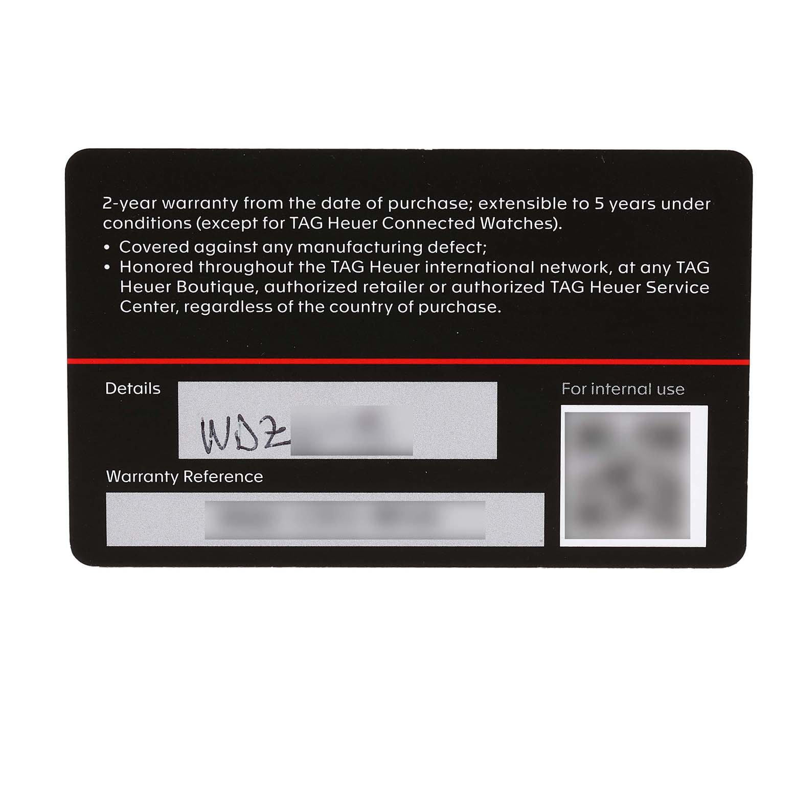 The image shows the warranty card for a Tag Heuer Carrera WBX2111.BD0002 Men's Stainless Steel Silver Dial watch, displaying warranty details and codes.