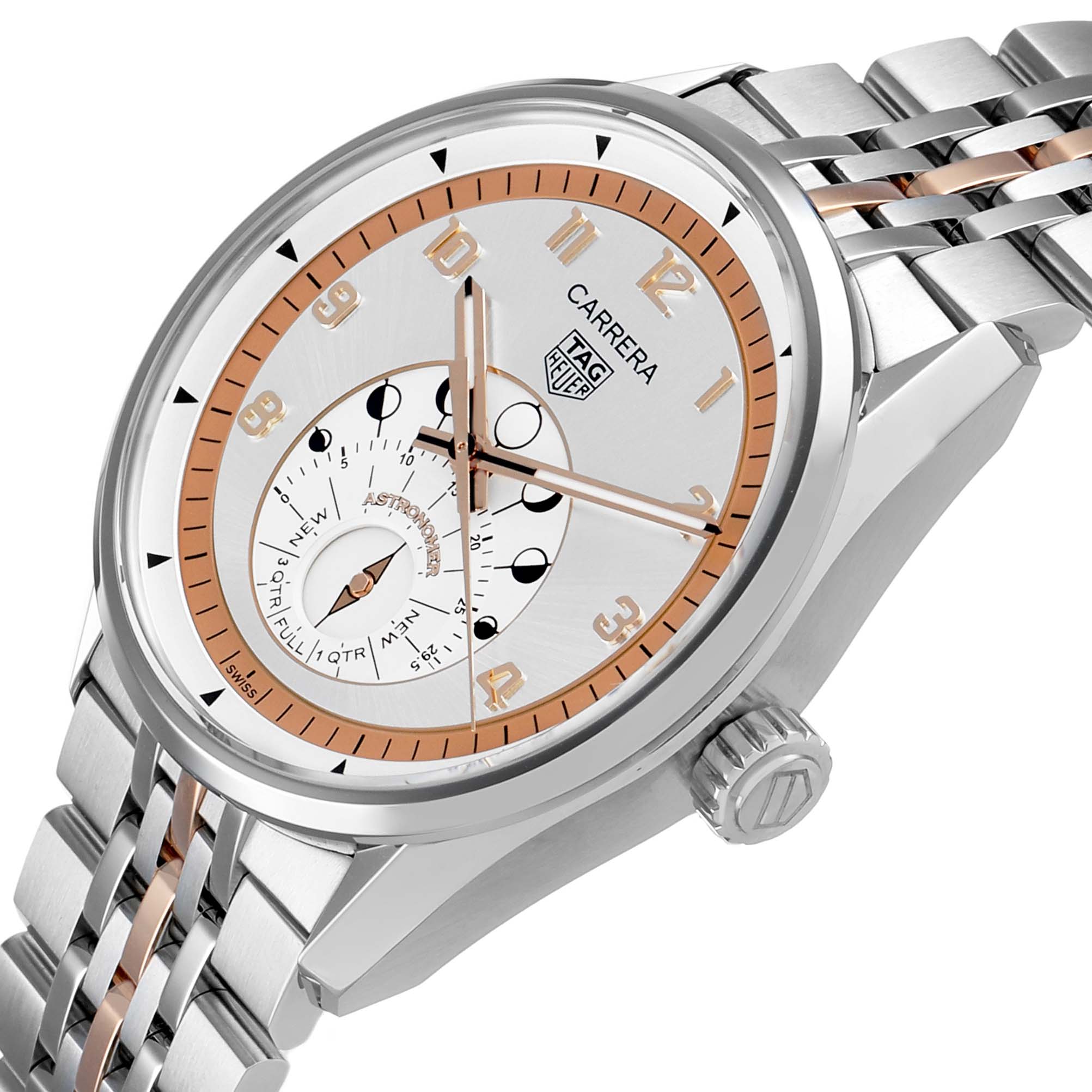 The Tag Heuer Carrera WBX2111.BD0002 Men's Stainless Steel Silver Dial watch is shown at a slight angle, displaying the face, crown, bezel, and part of the bracelet.